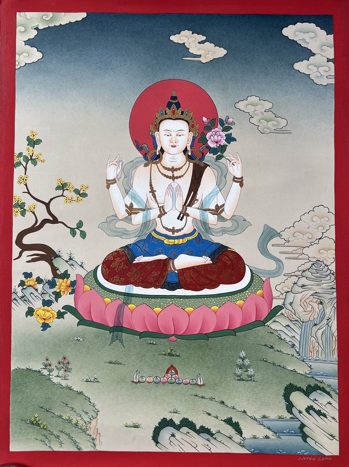 Chenrezig Four Armed Thangka Karma Gadri Style Hand Painted Tibetan Buddhist Art