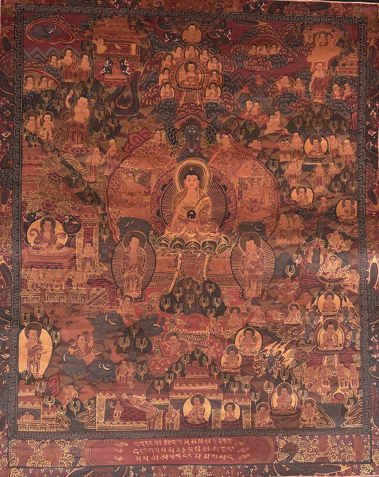 Hand-Painted Buddha Life Mandala Thangka Painting with Silk Border