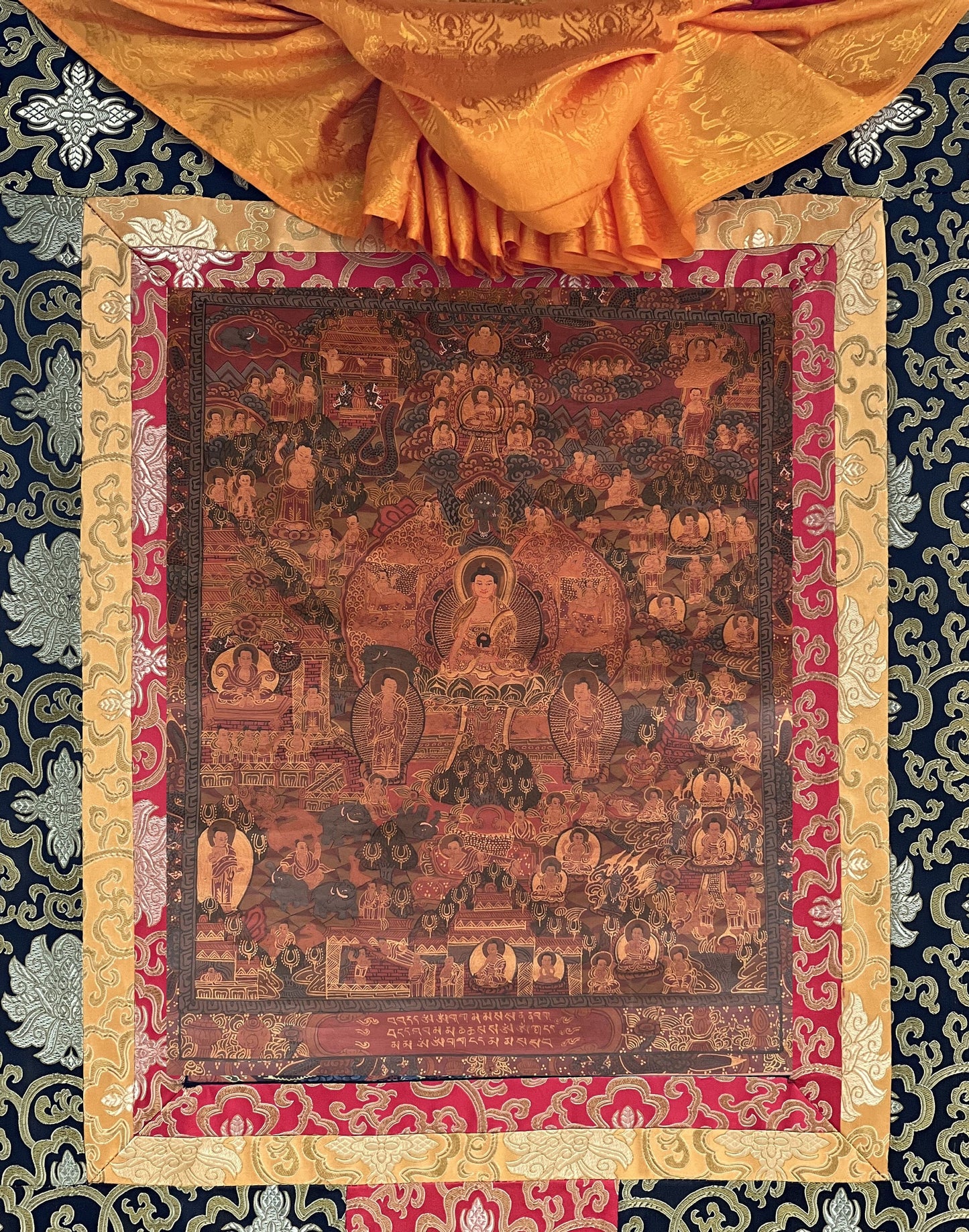 Hand-Painted Buddha Life Mandala Thangka Painting with Silk Border