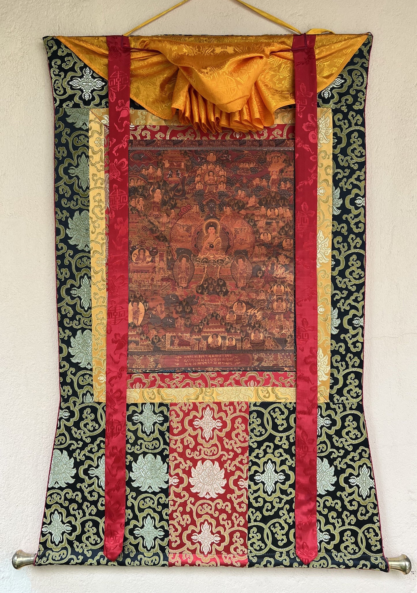 Hand-Painted Buddha Life Mandala Thangka Painting with Silk Border