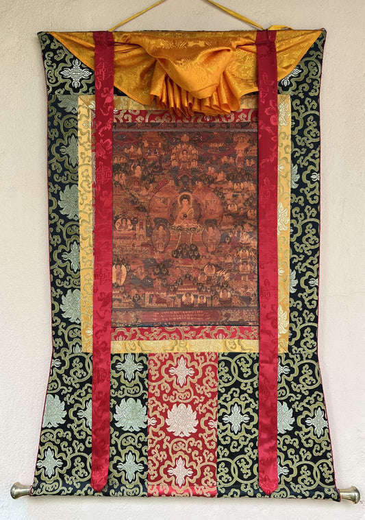 Hand-Painted Buddha Life Mandala Thangka Painting with Silk Border
