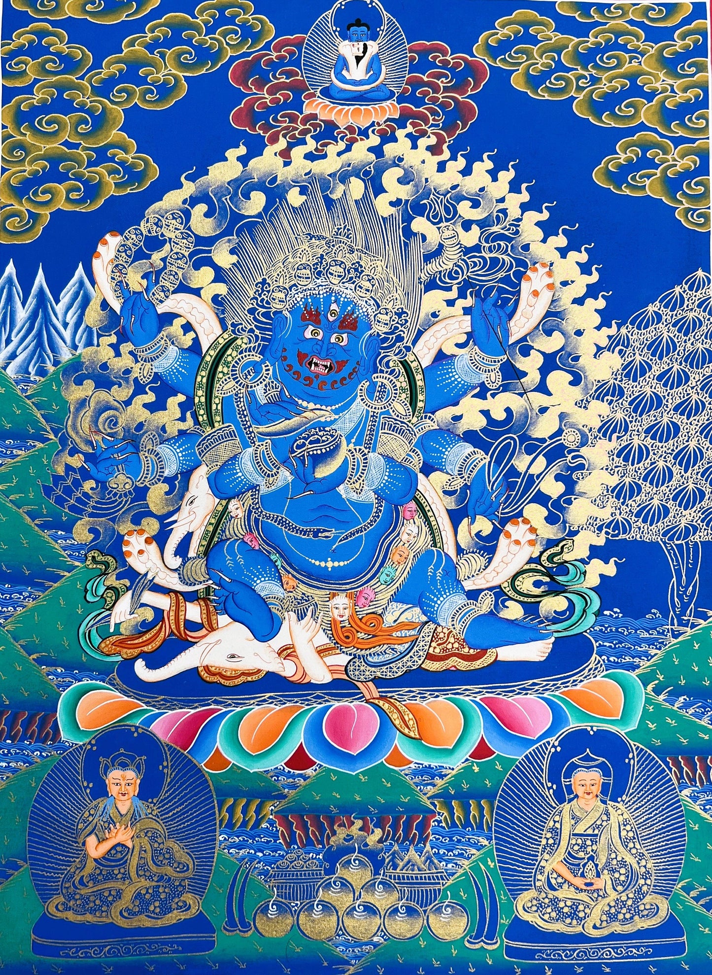 Hand Painted Black Mahakala Thangka Painting, Tibetan Protector Art