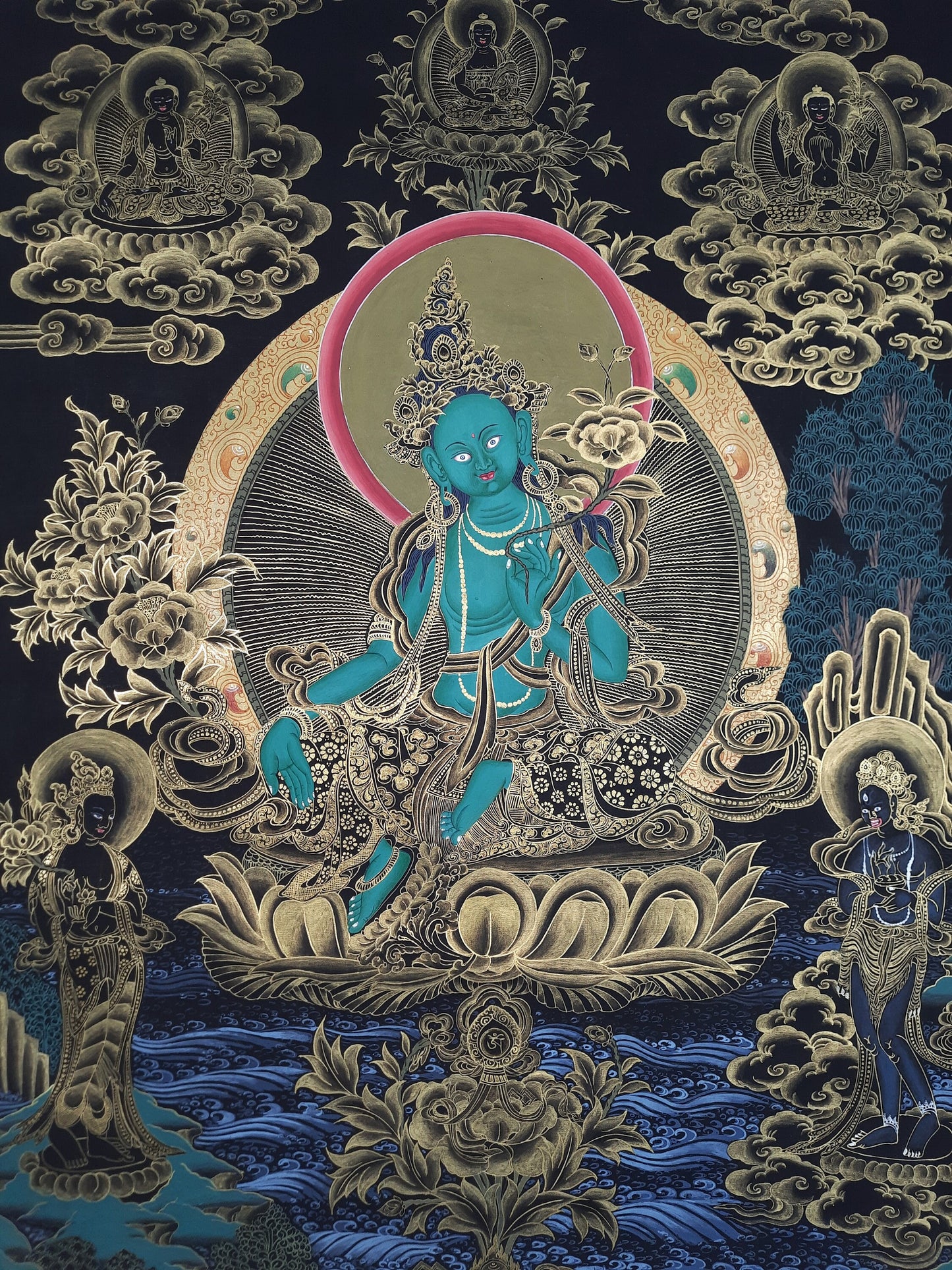 24K Gold Green Tara Thangka Painting, Hand-Painted Tibetan Art