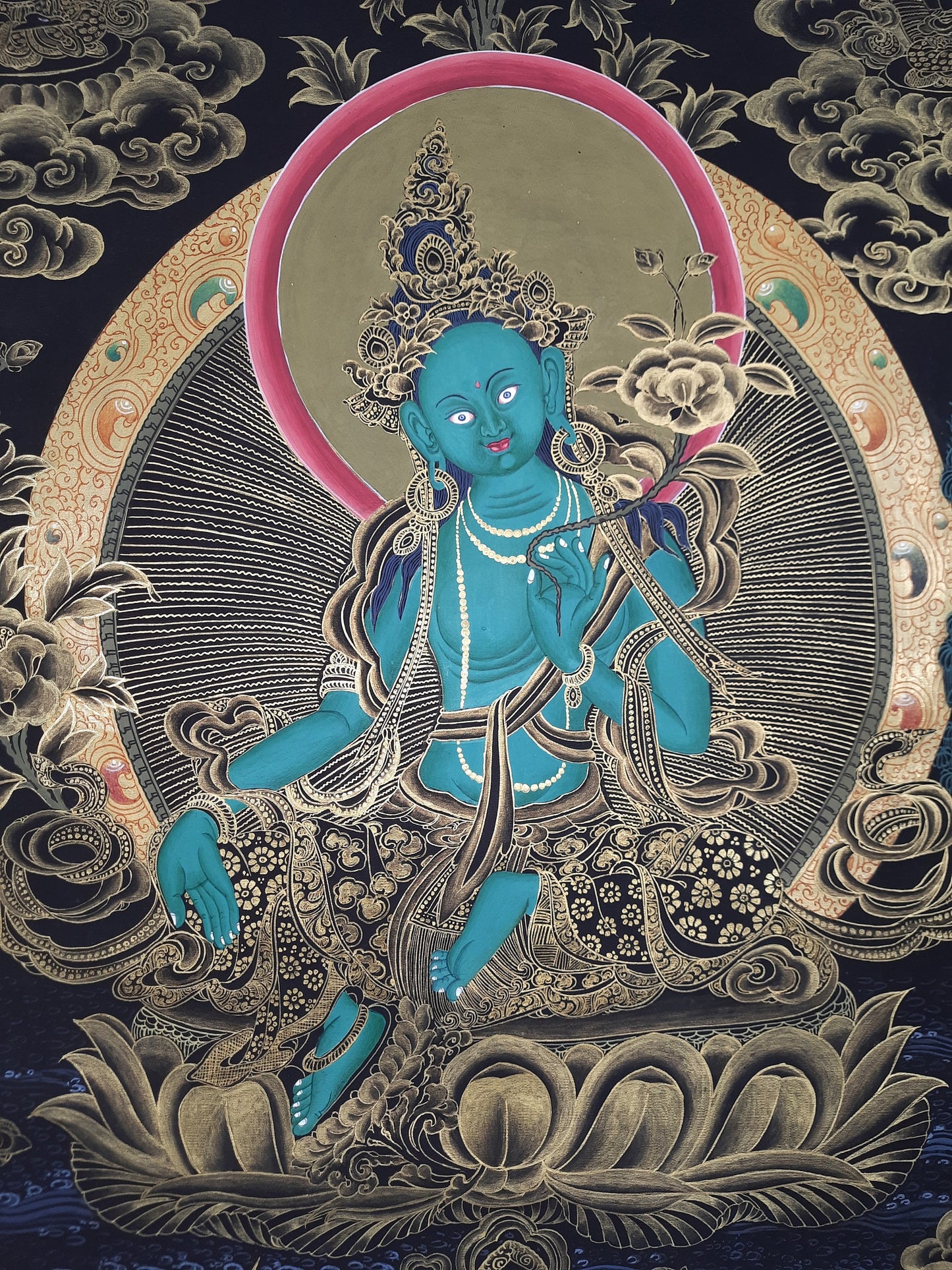 24K Gold Green Tara Thangka Painting, Hand-Painted Tibetan Art