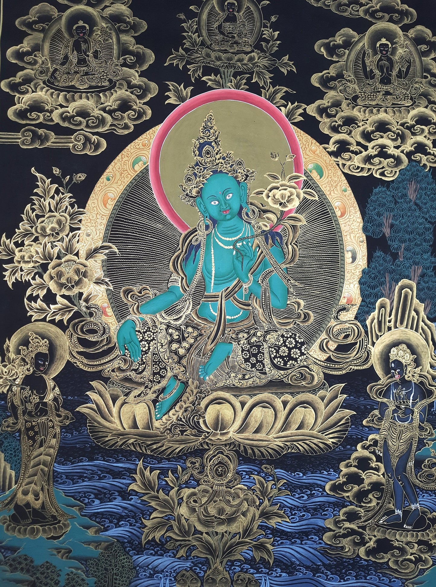 24K Gold Green Tara Thangka Painting, Hand-Painted Tibetan Art