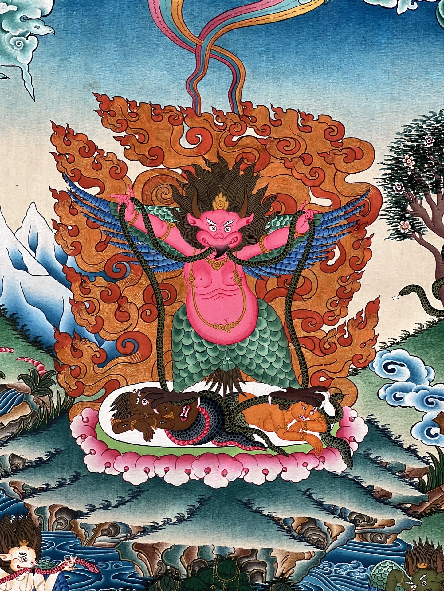 Hand-Painted Garuda Thangka Painting |  Celestial Deva Man Art | Original Hindu Wall Decor