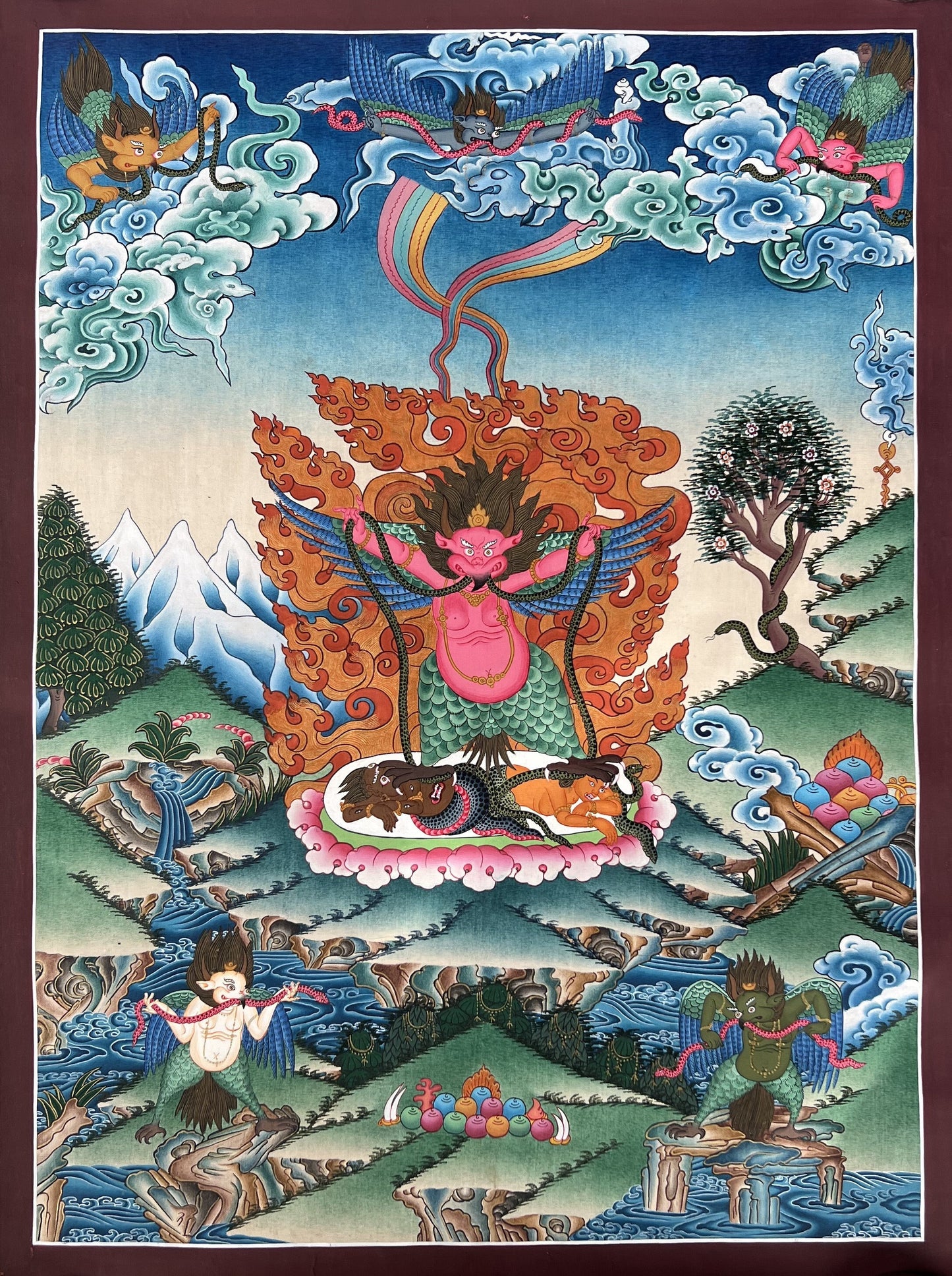 Hand-Painted Garuda Thangka Painting |  Celestial Deva Man Art | Original Hindu Wall Decor