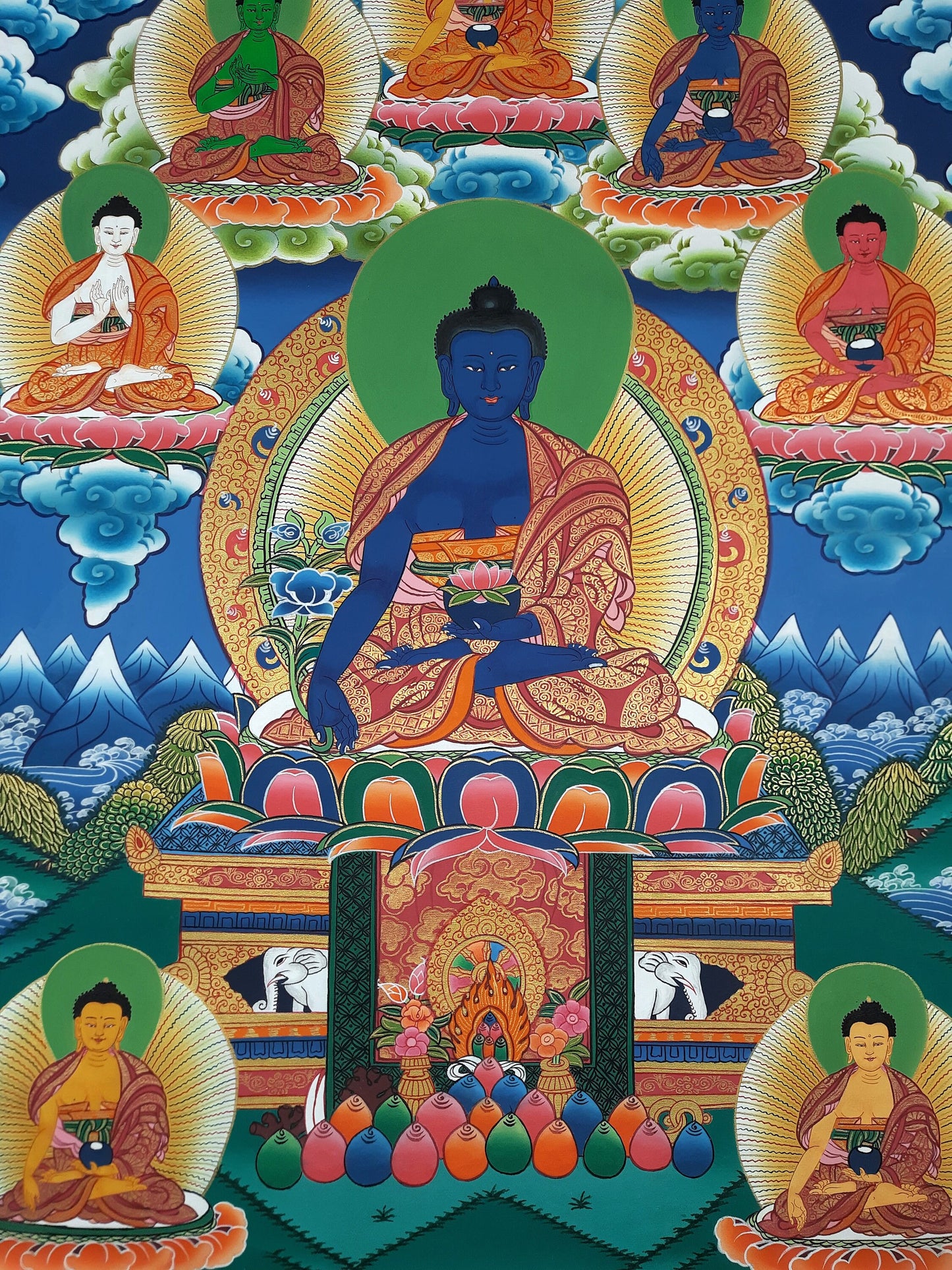 Hand Painted Eight Medicine Buddha Thangka Painting, Tibetan Art