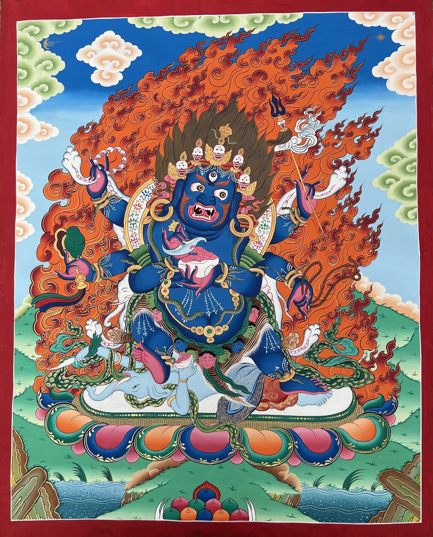 Six-Armed Mahakala Thangka Painting, Large Tibetan Art from Nepal