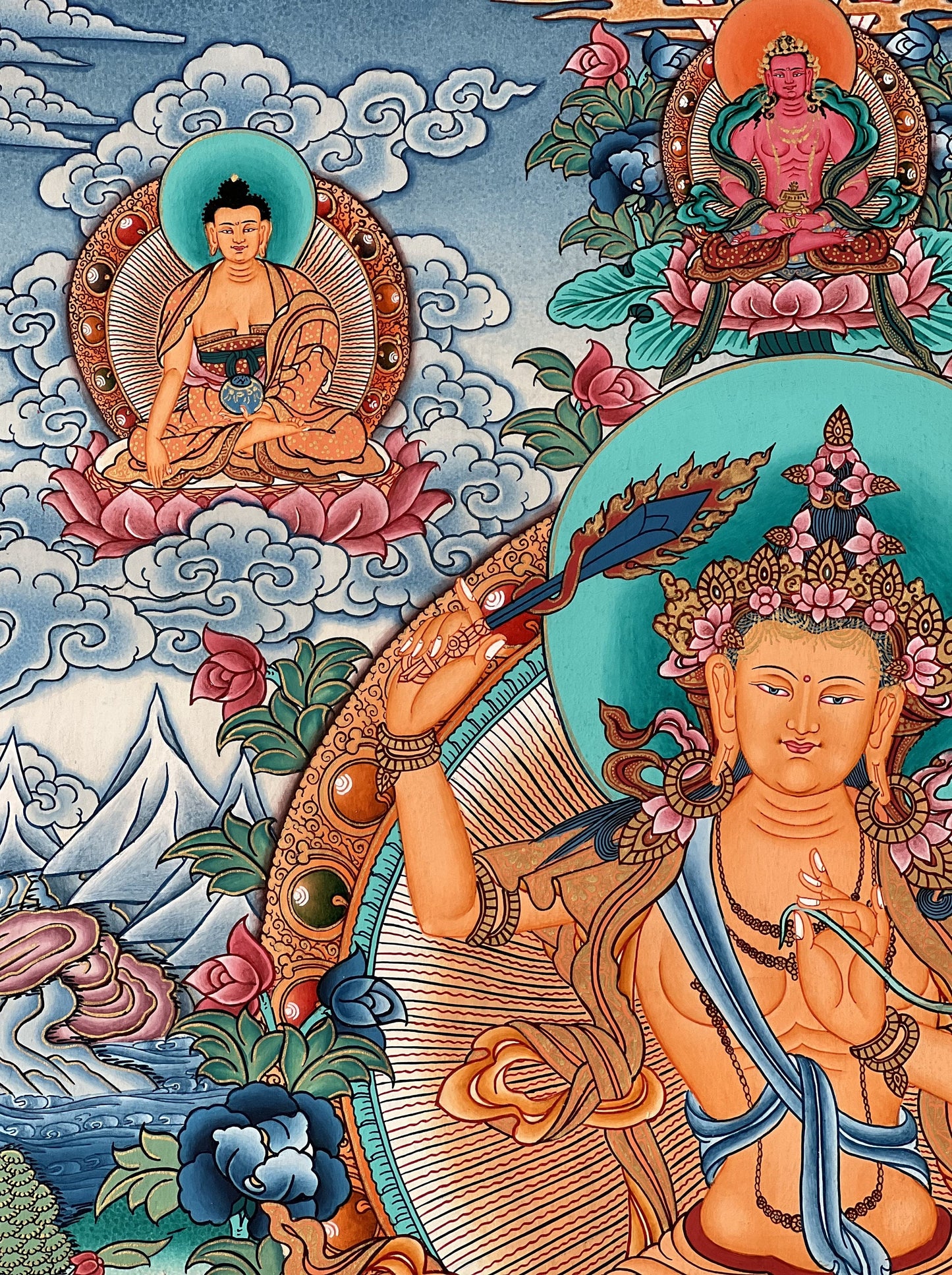 Original Hand-Painted Manjushri / Jampelyang Bodhisattva of Wisdom Tibetan Thangka Painting –Buddhist Art