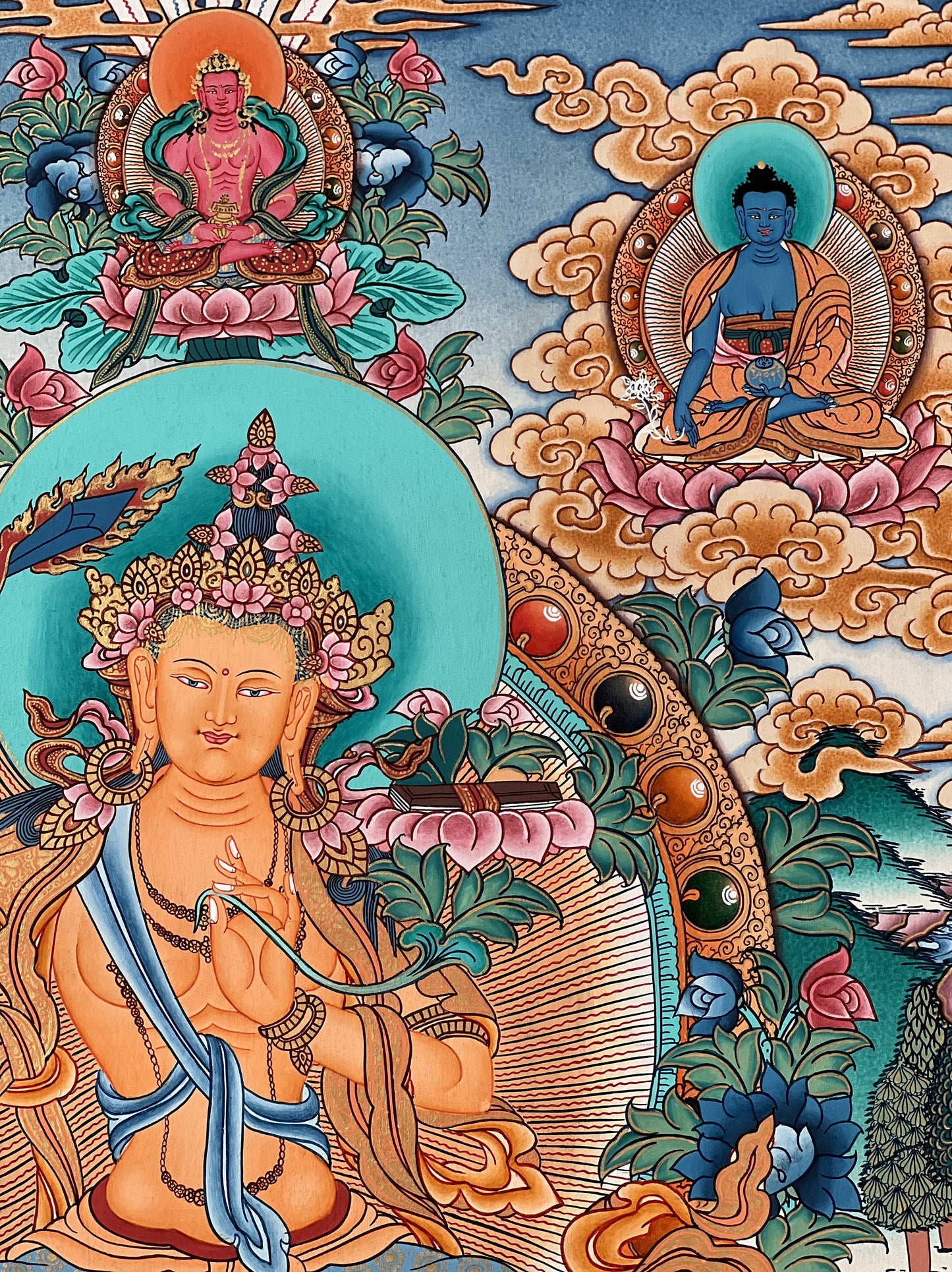 Original Hand-Painted Manjushri / Jampelyang Bodhisattva of Wisdom Tibetan Thangka Painting –Buddhist Art