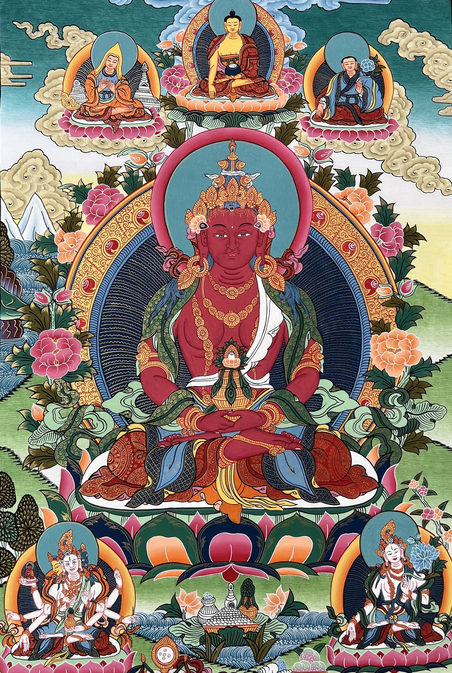 Hand-Painted Amitayus (Aparmita) Thangka | Longevity Buddha Tibetan Art | Meditation Wall Painting