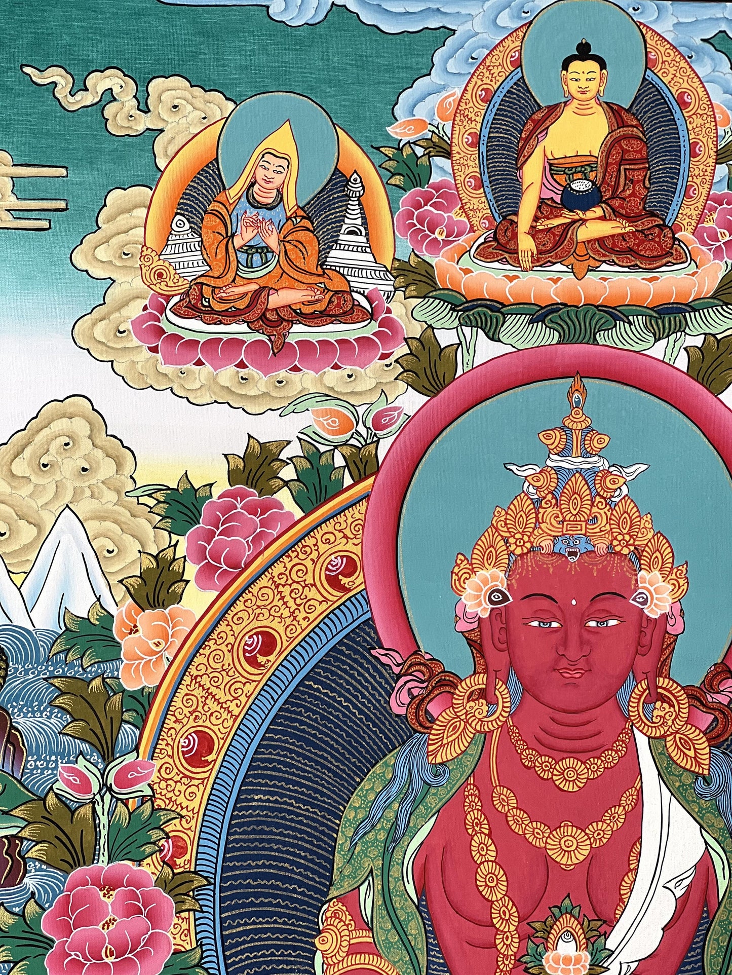 Hand-Painted Amitayus (Aparmita) Thangka | Longevity Buddha Tibetan Art | Meditation Wall Painting