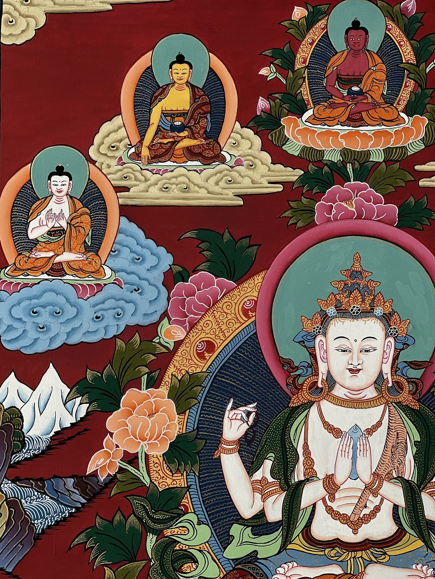 Pancha Buddha Thangka with Chenrezig in Center | Five Dhyani Buddhas Tibetan Hand-Painted Sacred Art