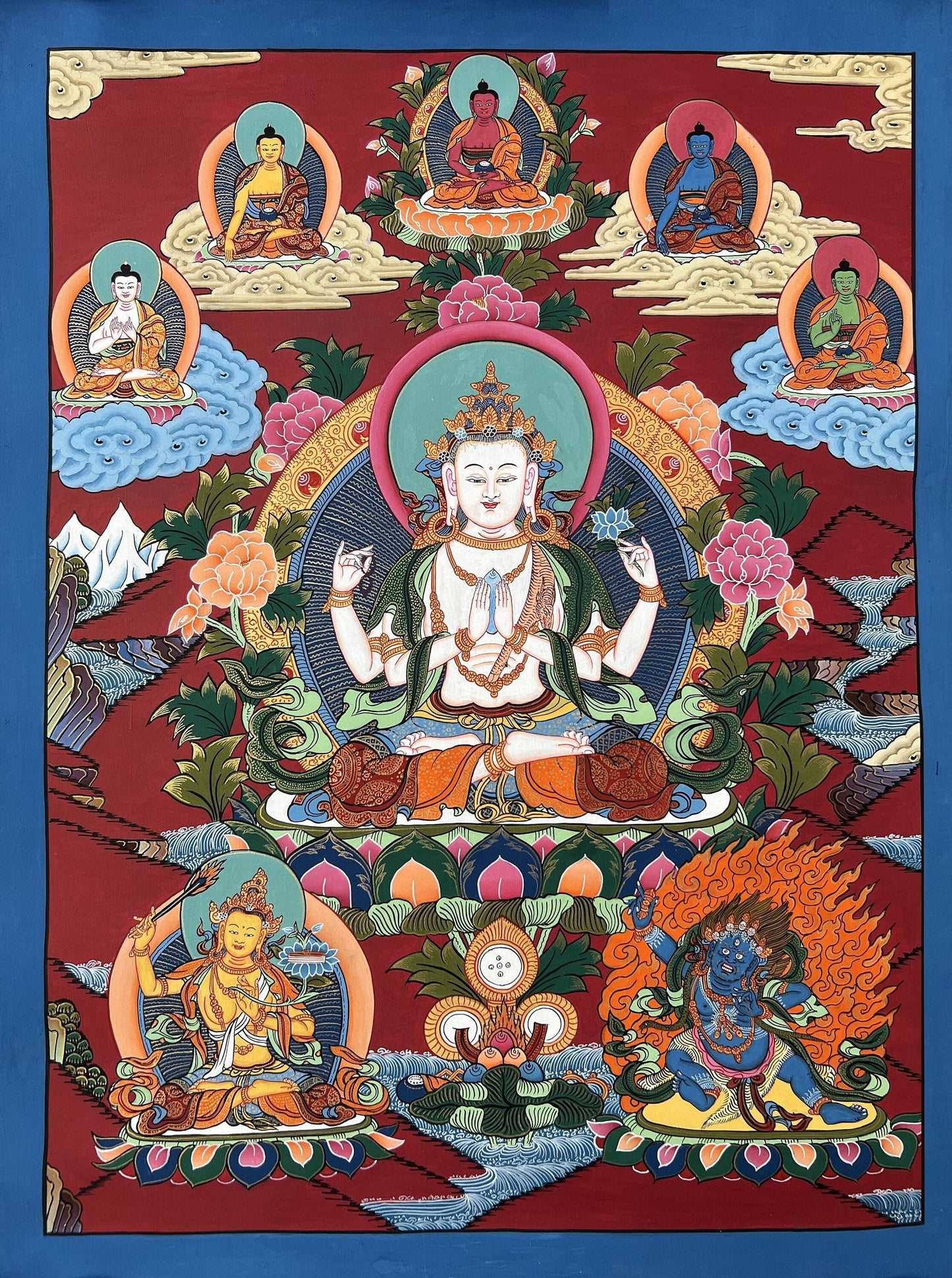 Pancha Buddha Thangka with Chenrezig in Center | Five Dhyani Buddhas Tibetan Hand-Painted Sacred Art