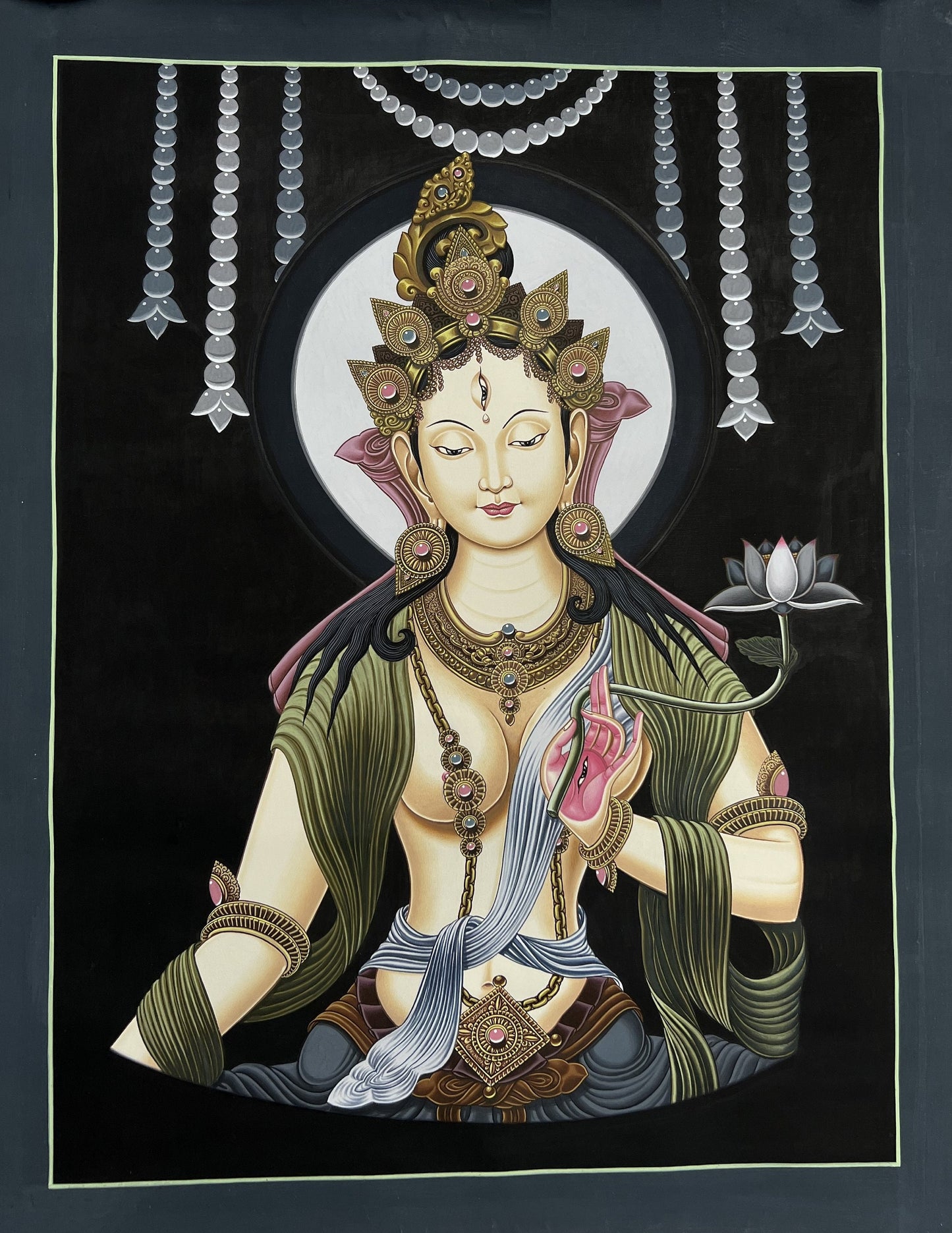Original Hand-Painted White Tara Newari Thangka - Compassion Paubha Art - Mother Tara Meditation Painting