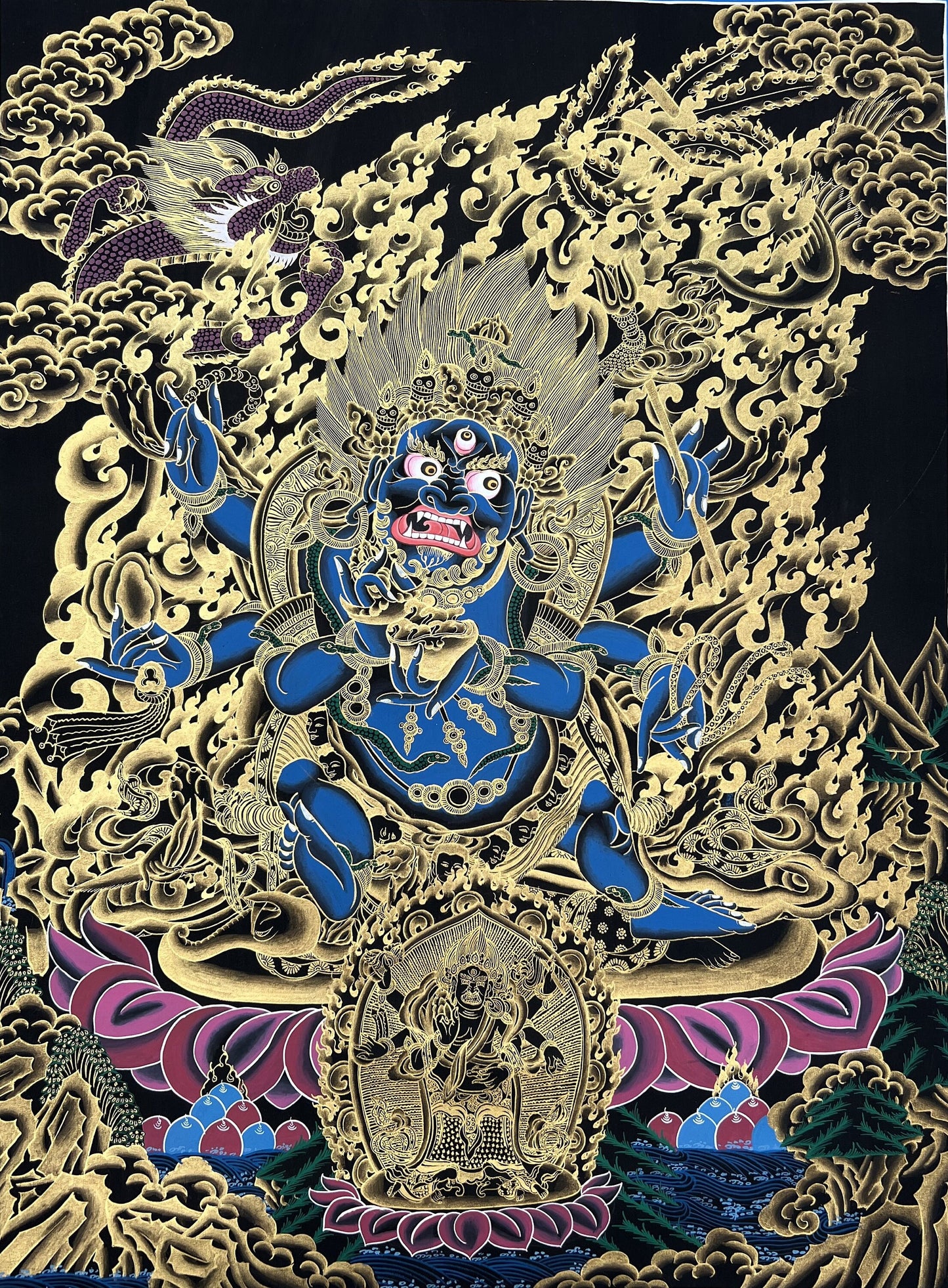 Hand Painted Six-Armed Mahakala Thangka, Tibetan Protector Painting