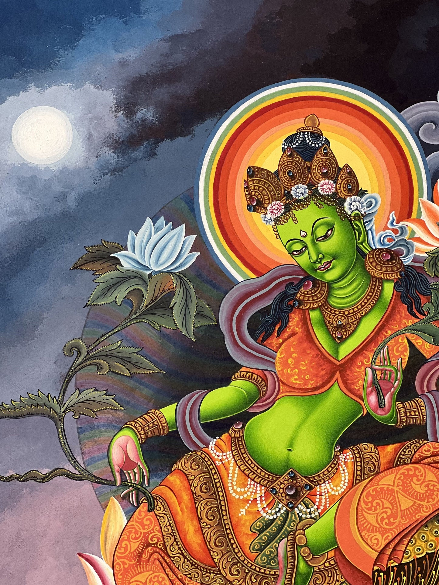 Green Tara Thangka Painting, Newari Paubha Art, Hand-Painted on Cotton Canvas