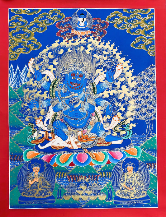 Hand Painted Black Mahakala Thangka Painting, Tibetan Protector Art