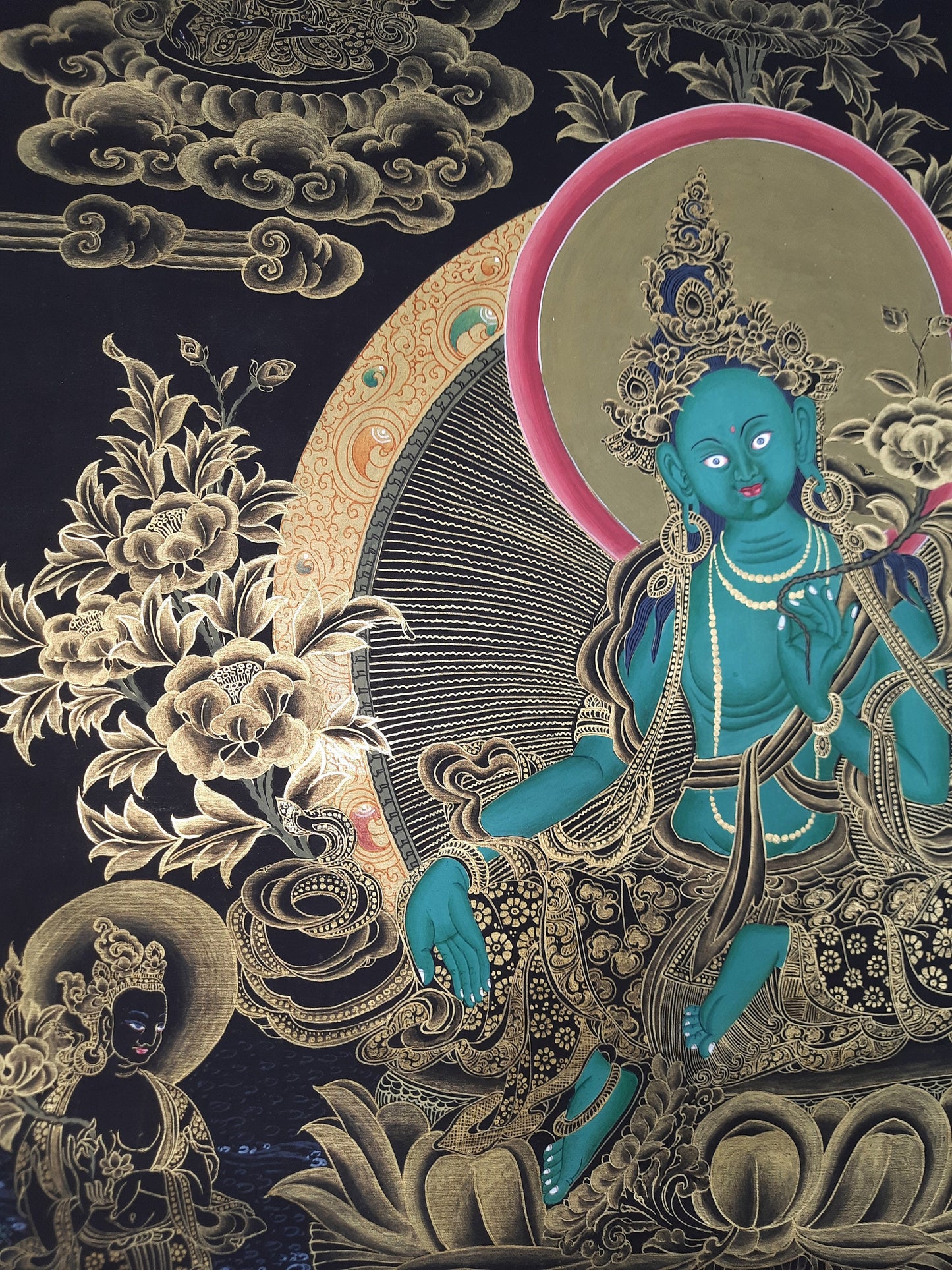 24K Gold Green Tara Thangka Painting, Hand-Painted Tibetan Art