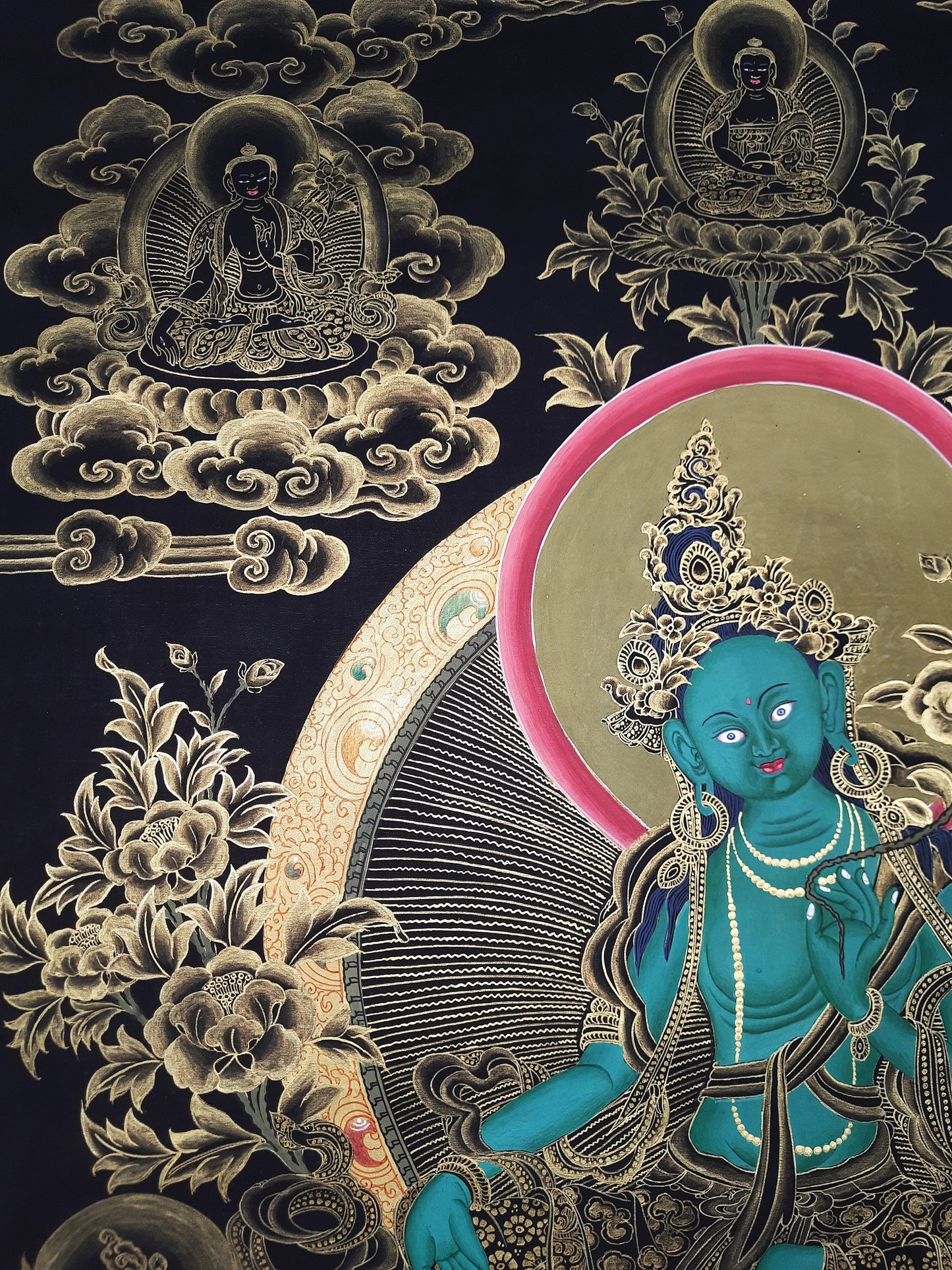 24K Gold Green Tara Thangka Painting, Hand-Painted Tibetan Art