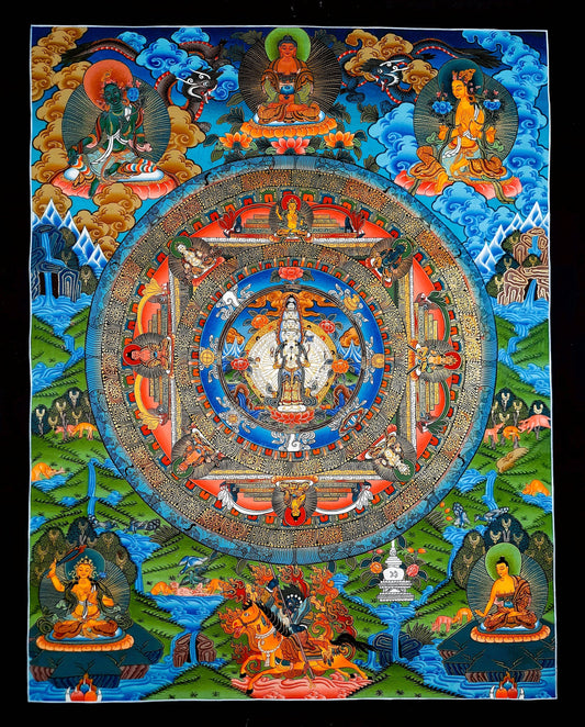 Hand-Painted Sahasrabhuja Mandala Thangka, Tibetan Gold Painting