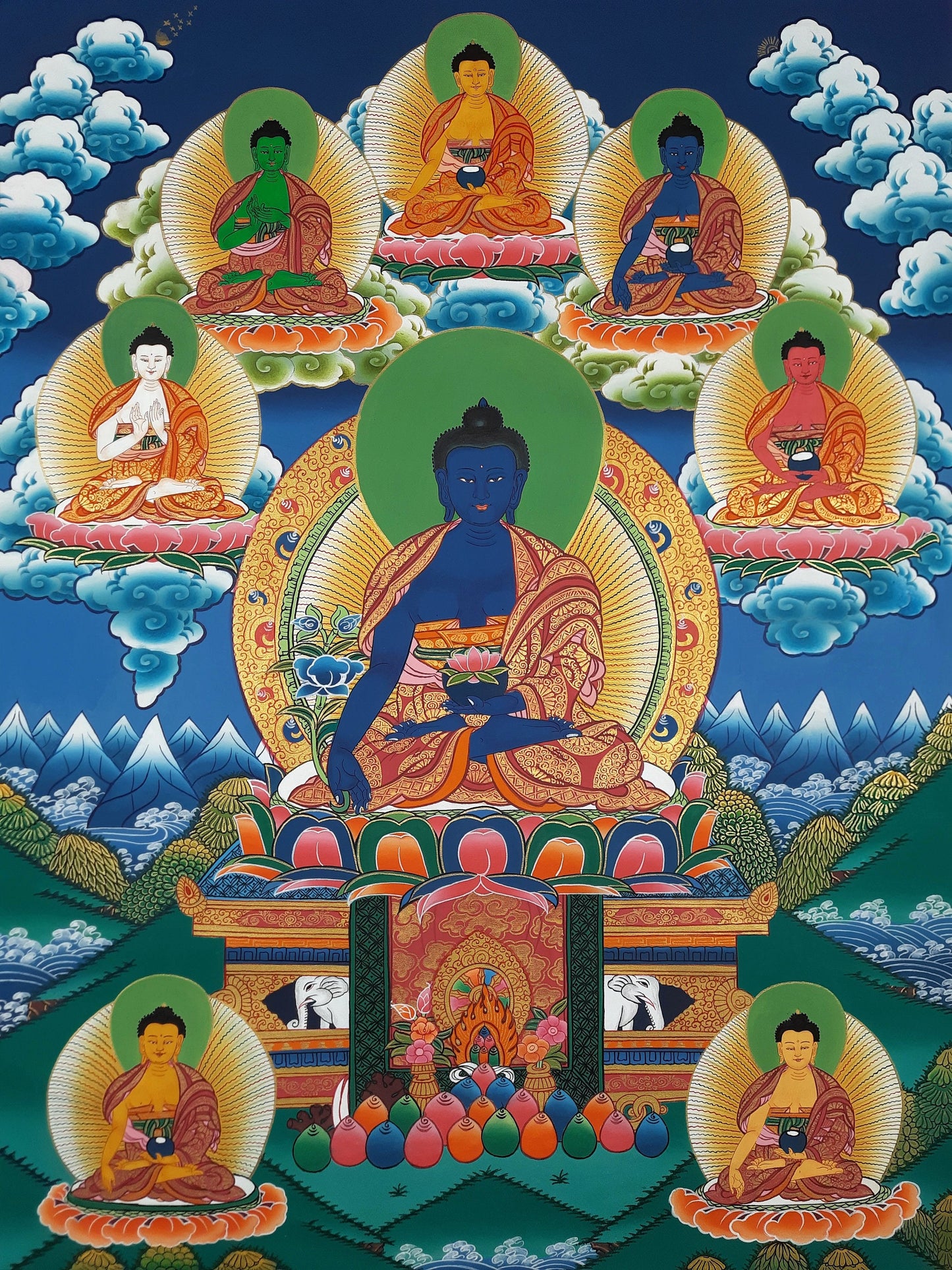 Hand Painted Eight Medicine Buddha Thangka Painting, Tibetan Art
