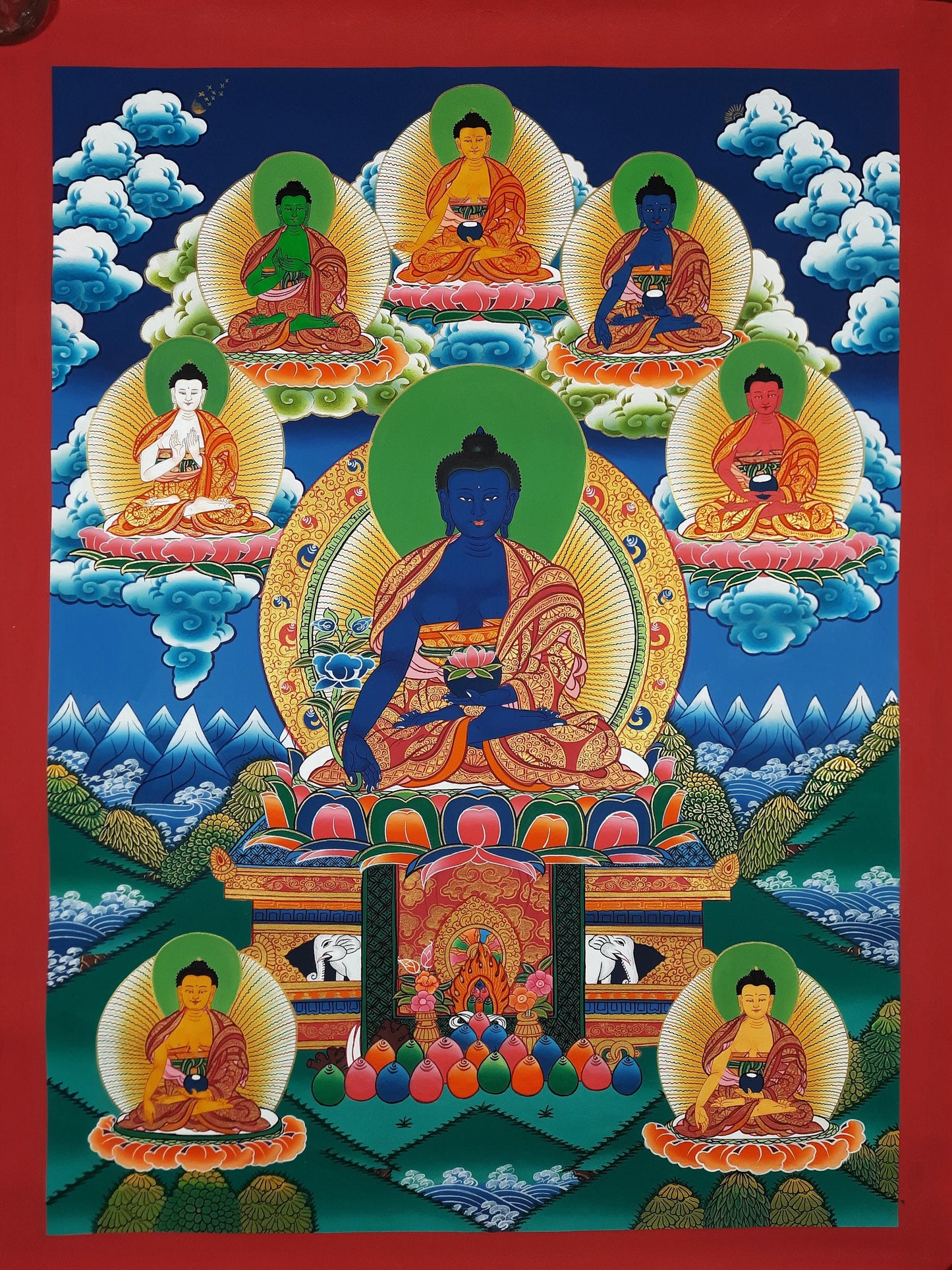 Hand Painted Eight Medicine Buddha Thangka Painting, Tibetan Art