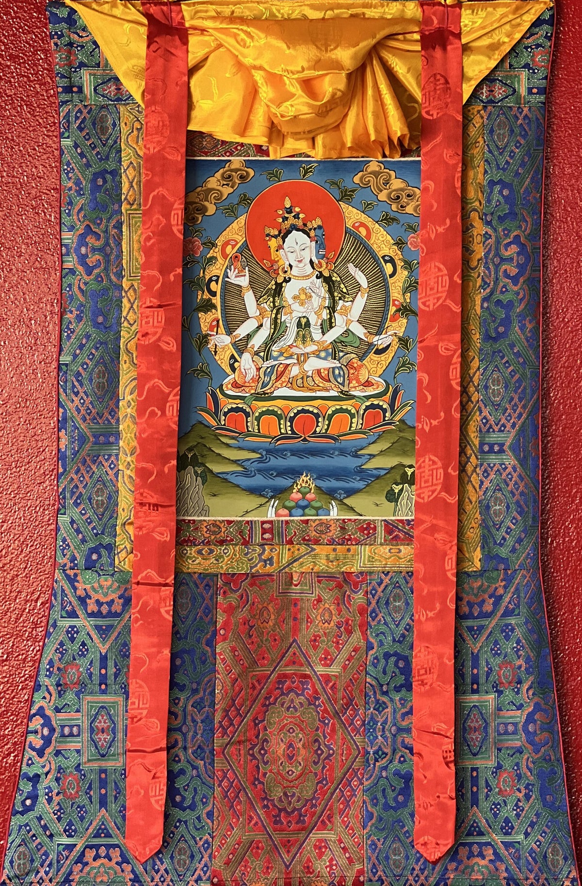 Basundhara Dakini Thangka Painting, Original Tibetan Art with Silk Border
