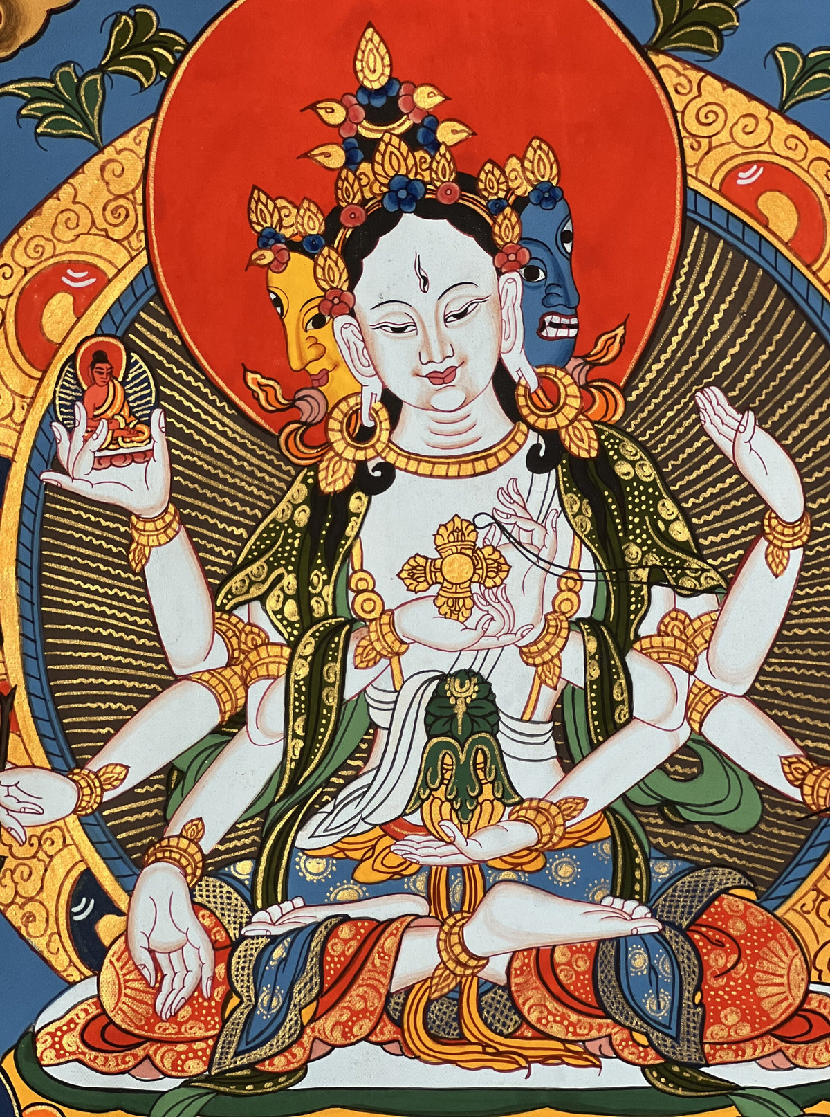 Basundhara Dakini Thangka Painting, Original Tibetan Art with Silk Border