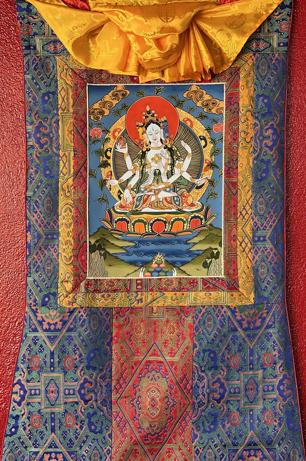 Basundhara Dakini Thangka Painting, Original Tibetan Art with Silk Border
