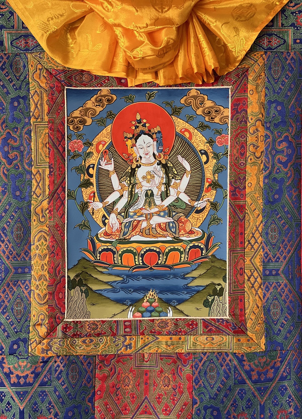 Basundhara Dakini Thangka Painting, Original Tibetan Art with Silk Border