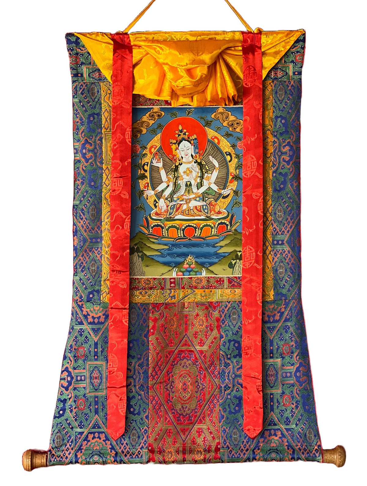 Basundhara Dakini Thangka Painting, Original Tibetan Art with Silk Border