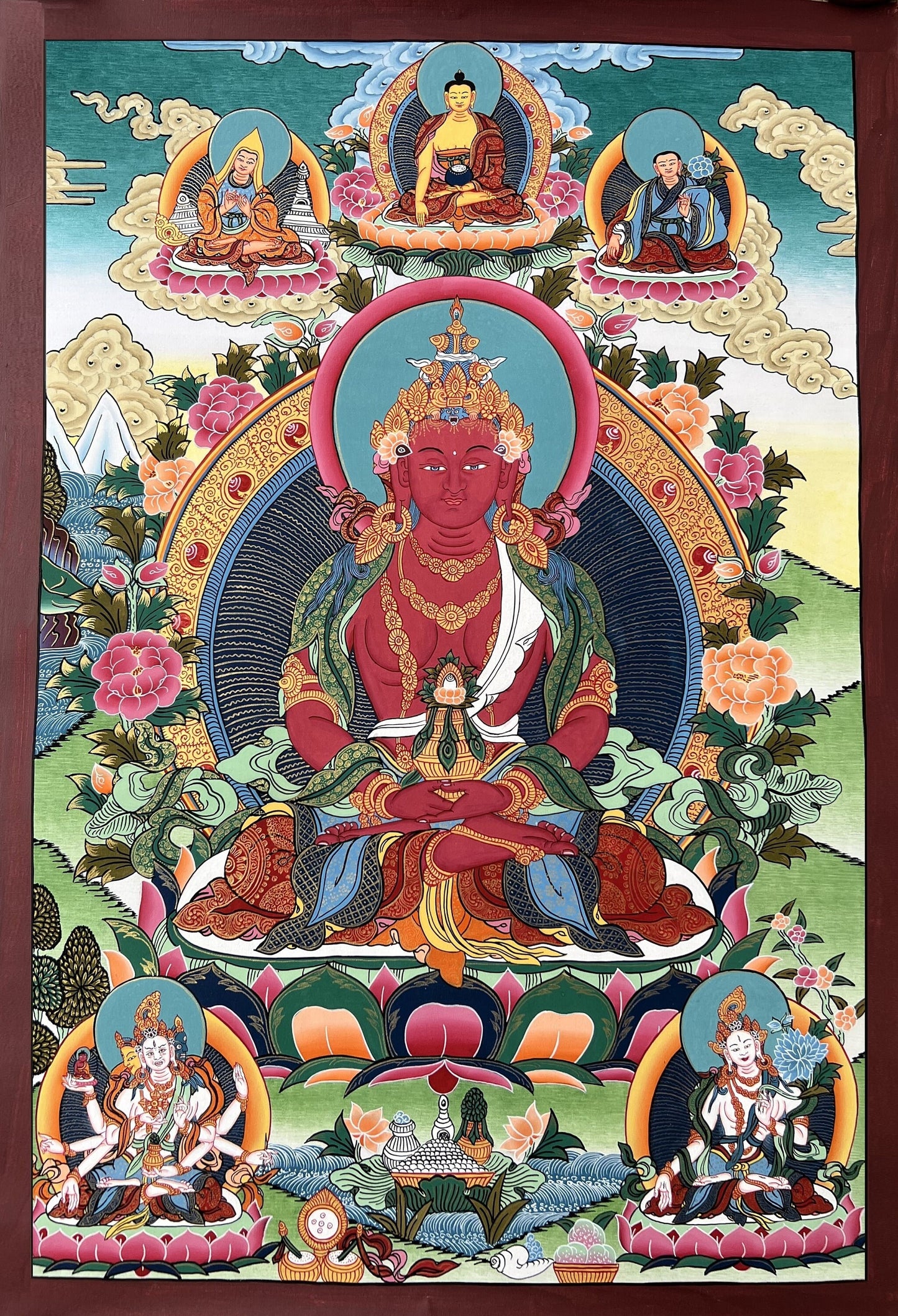 Hand-Painted Amitayus (Aparmita) Thangka | Longevity Buddha Tibetan Art | Meditation Wall Painting