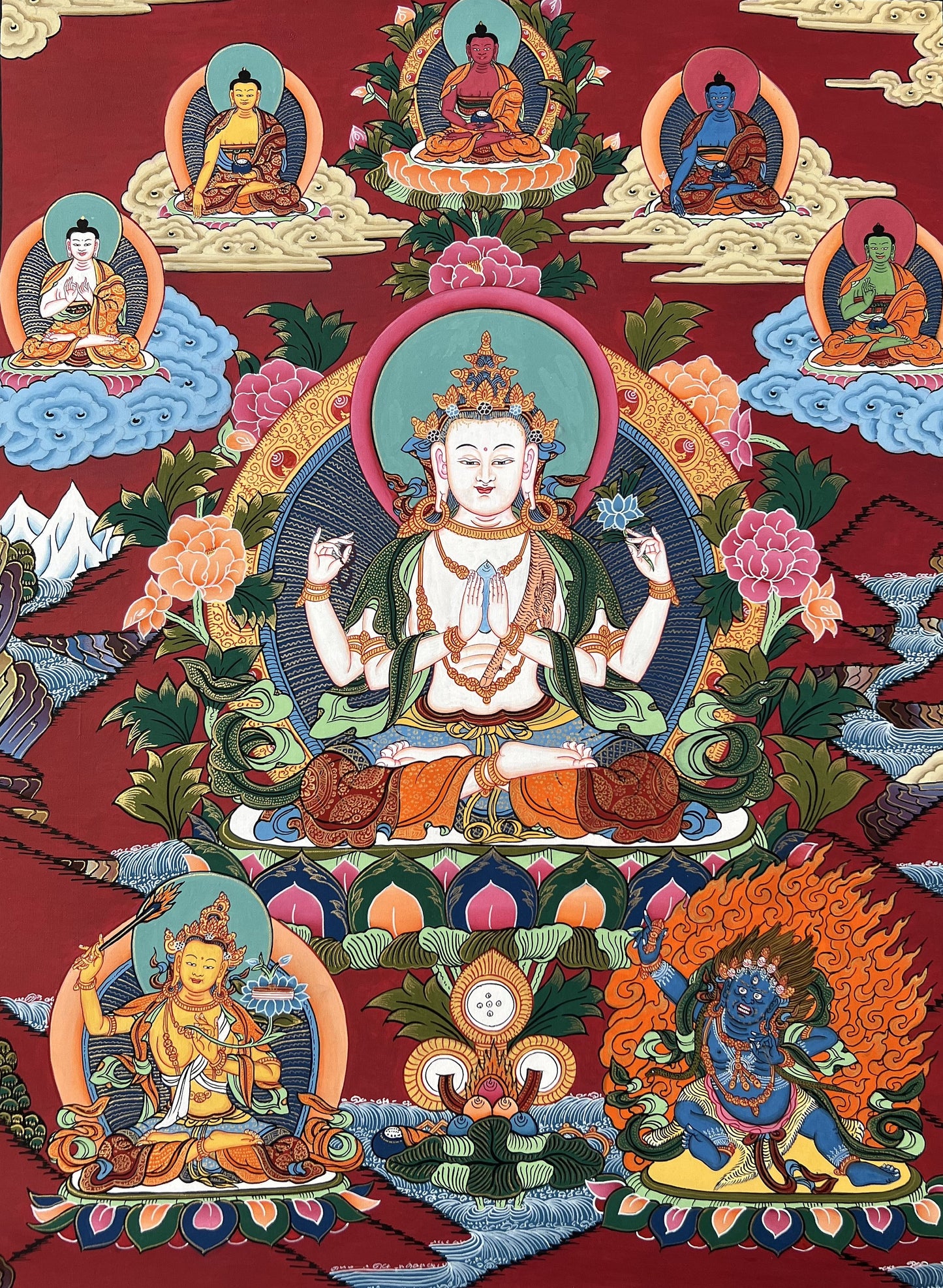 Pancha Buddha Thangka with Chenrezig in Center | Five Dhyani Buddhas Tibetan Hand-Painted Sacred Art