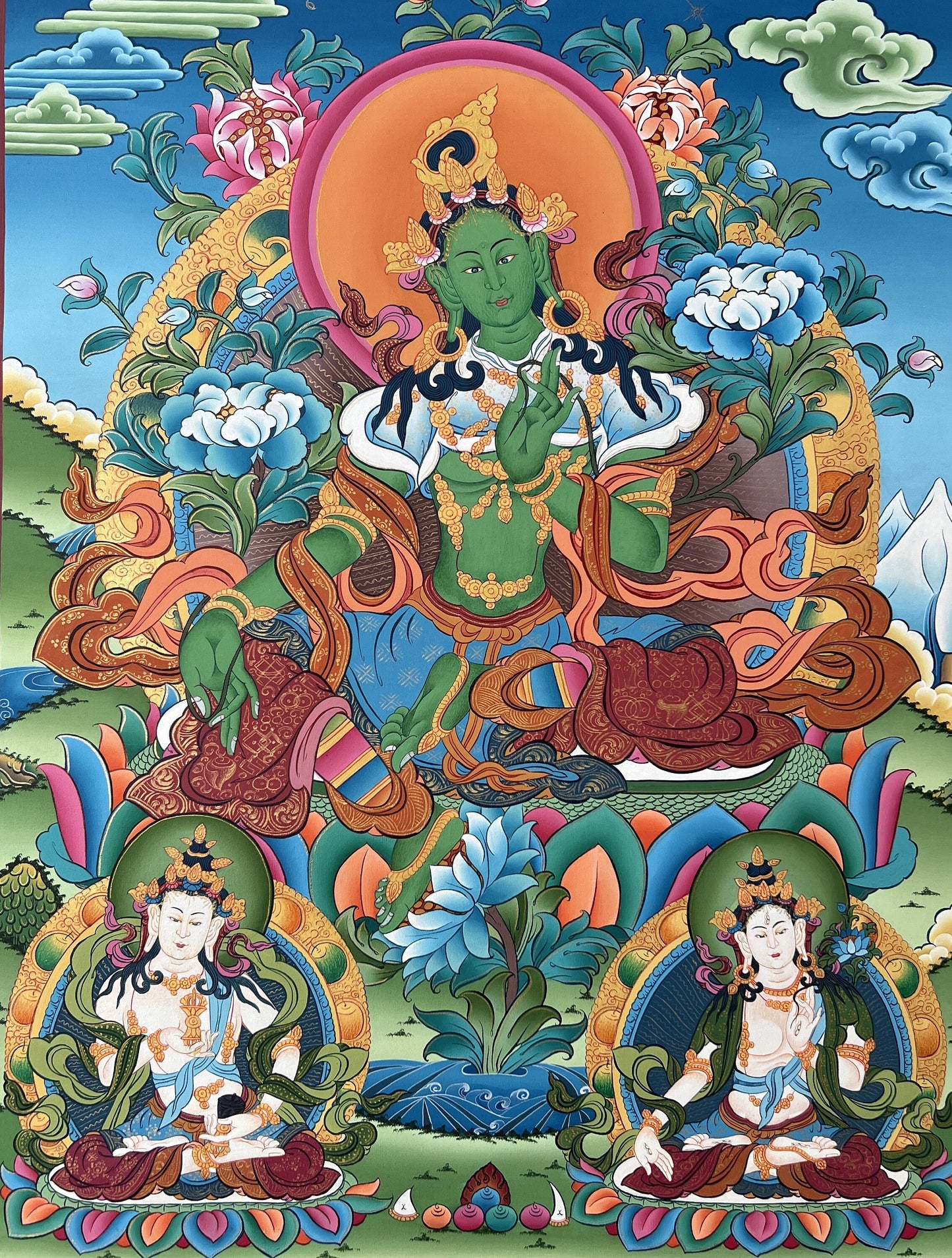 24K Gold Green Tara Thangka Painting | Hand-Painted Tibetan Buddhist Art | Master Quality Himalayan Artwork