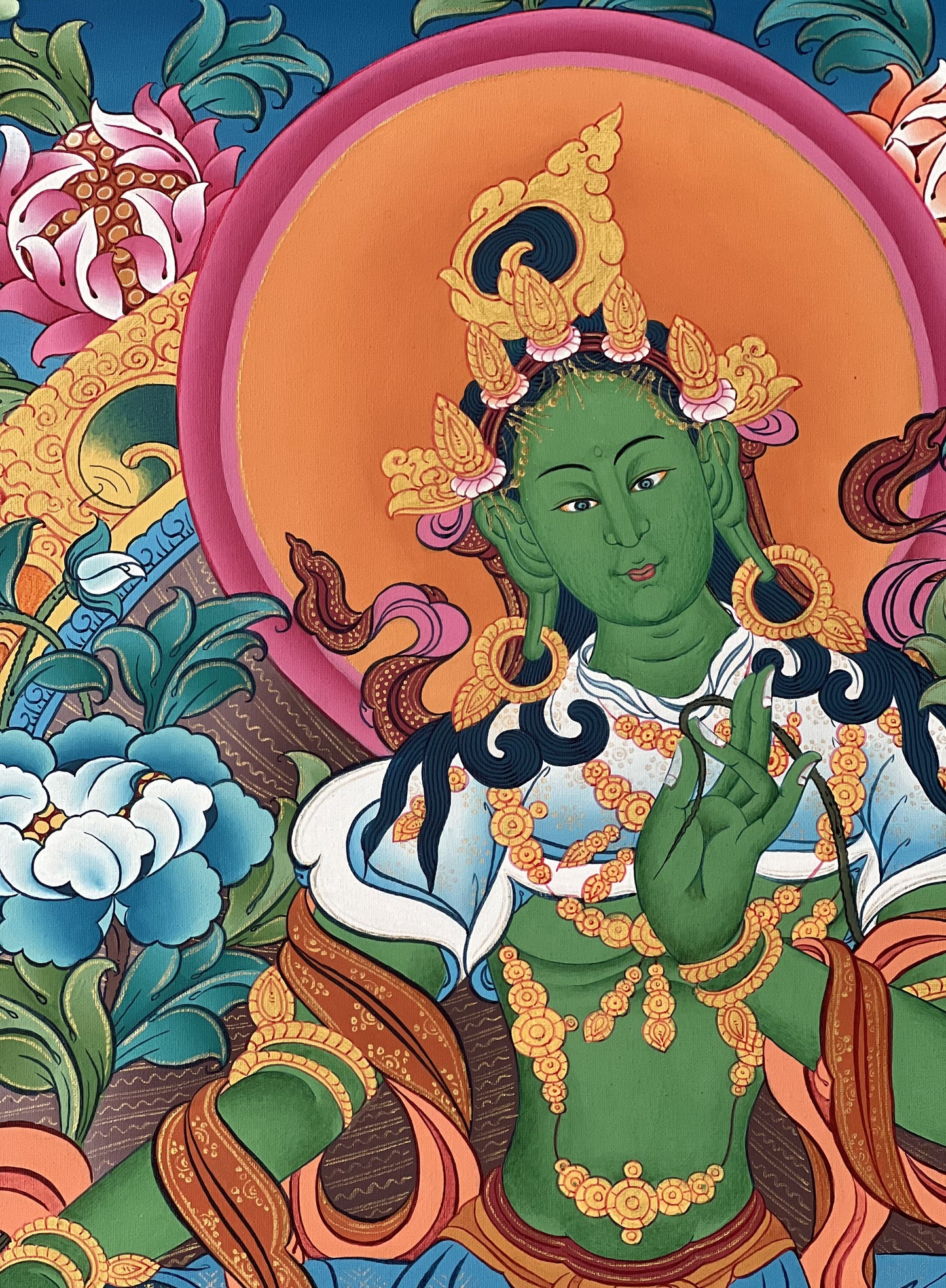 24K Gold Green Tara Thangka Painting | Hand-Painted Tibetan Buddhist Art | Master Quality Himalayan Artwork
