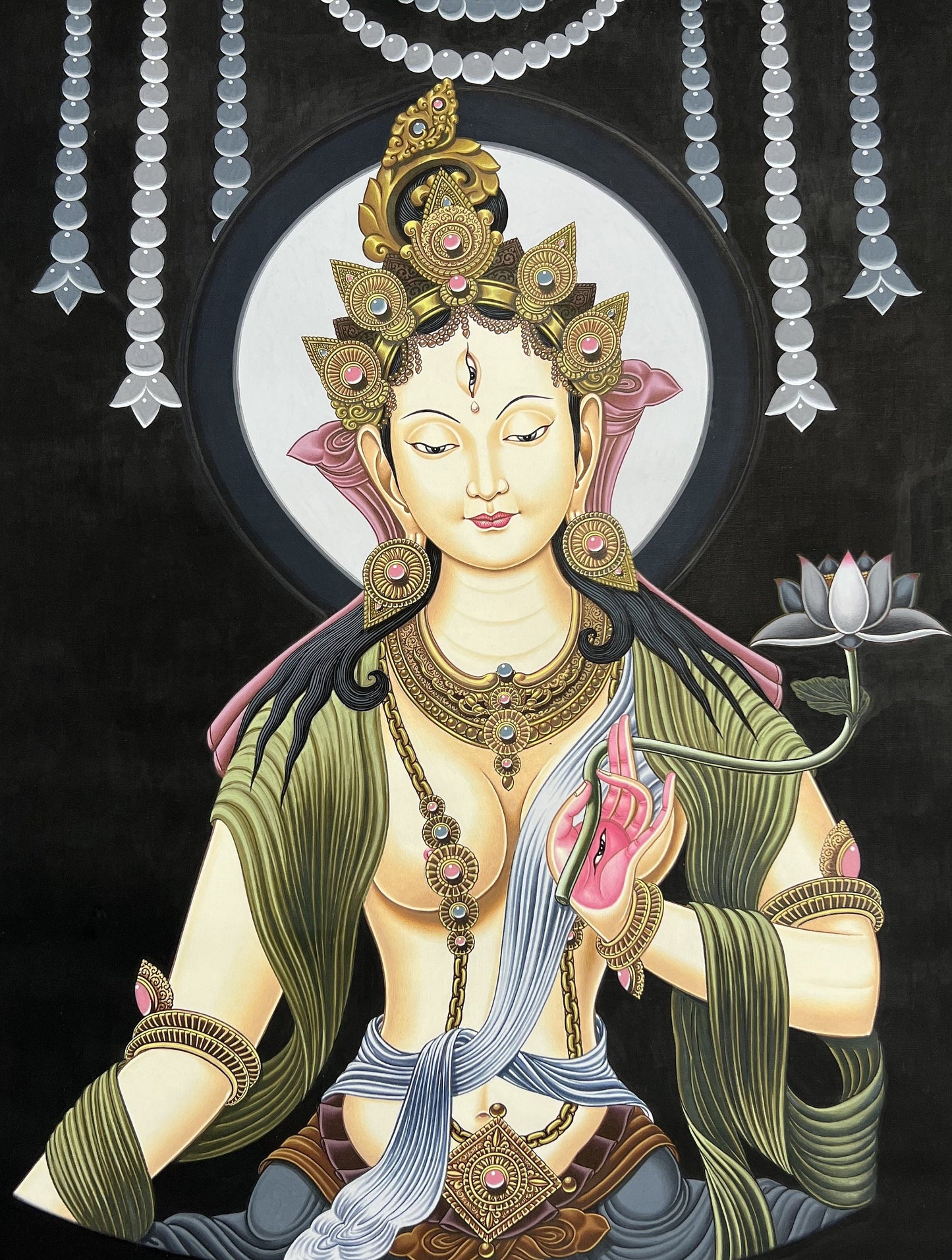 Original Hand-Painted White Tara Newari Thangka - Compassion Paubha Art - Mother Tara Meditation Painting