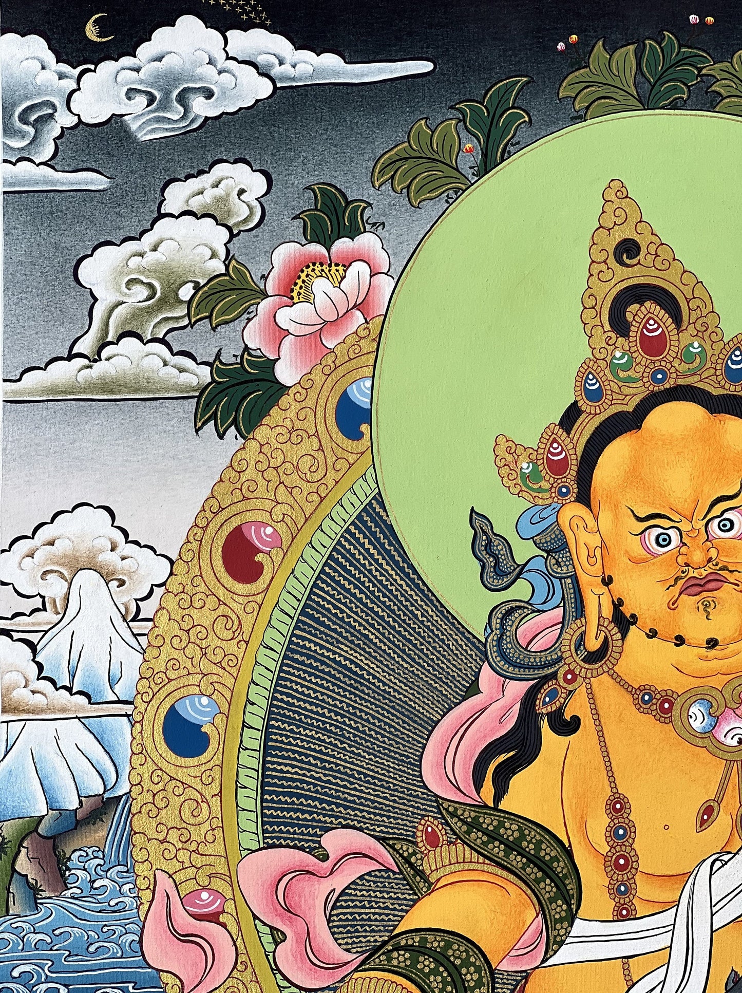 Yellow Jambhala Tibetan Thangka | Kuber Wealth Deity Hand-Painted Art | Buddhist Prosperity Masterpiece Painting