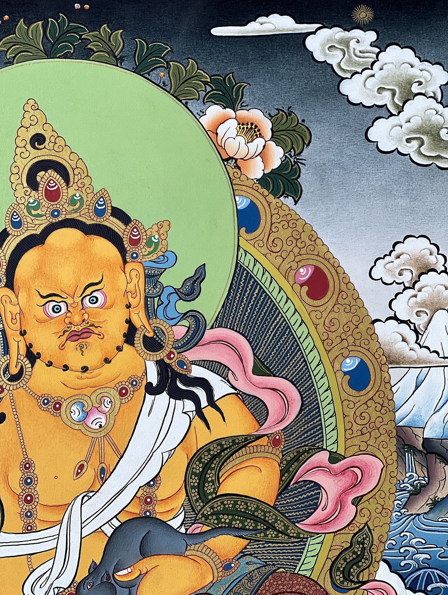 Yellow Jambhala Tibetan Thangka | Kuber Wealth Deity Hand-Painted Art | Buddhist Prosperity Masterpiece Painting