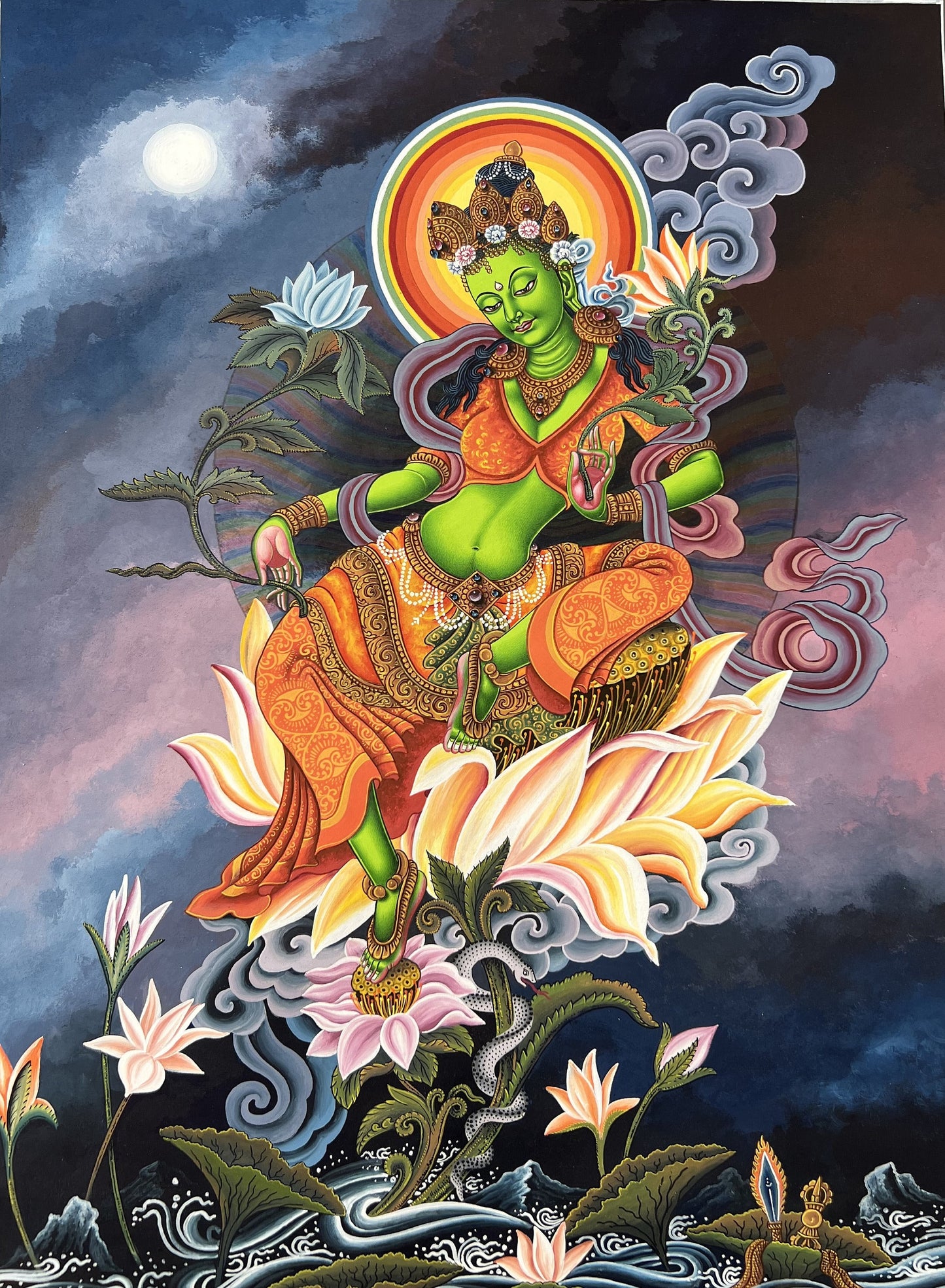 Green Tara Thangka Painting, Newari Paubha Art, Hand-Painted on Cotton Canvas