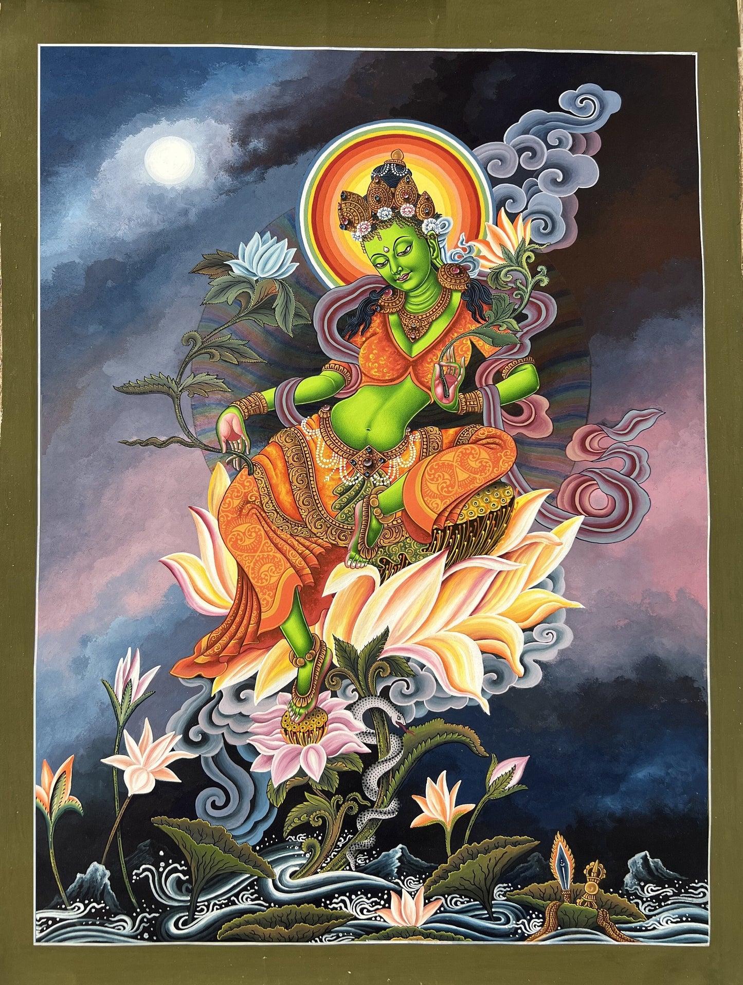 Green Tara Thangka Painting, Newari Paubha Art, Hand-Painted on Cotton Canvas