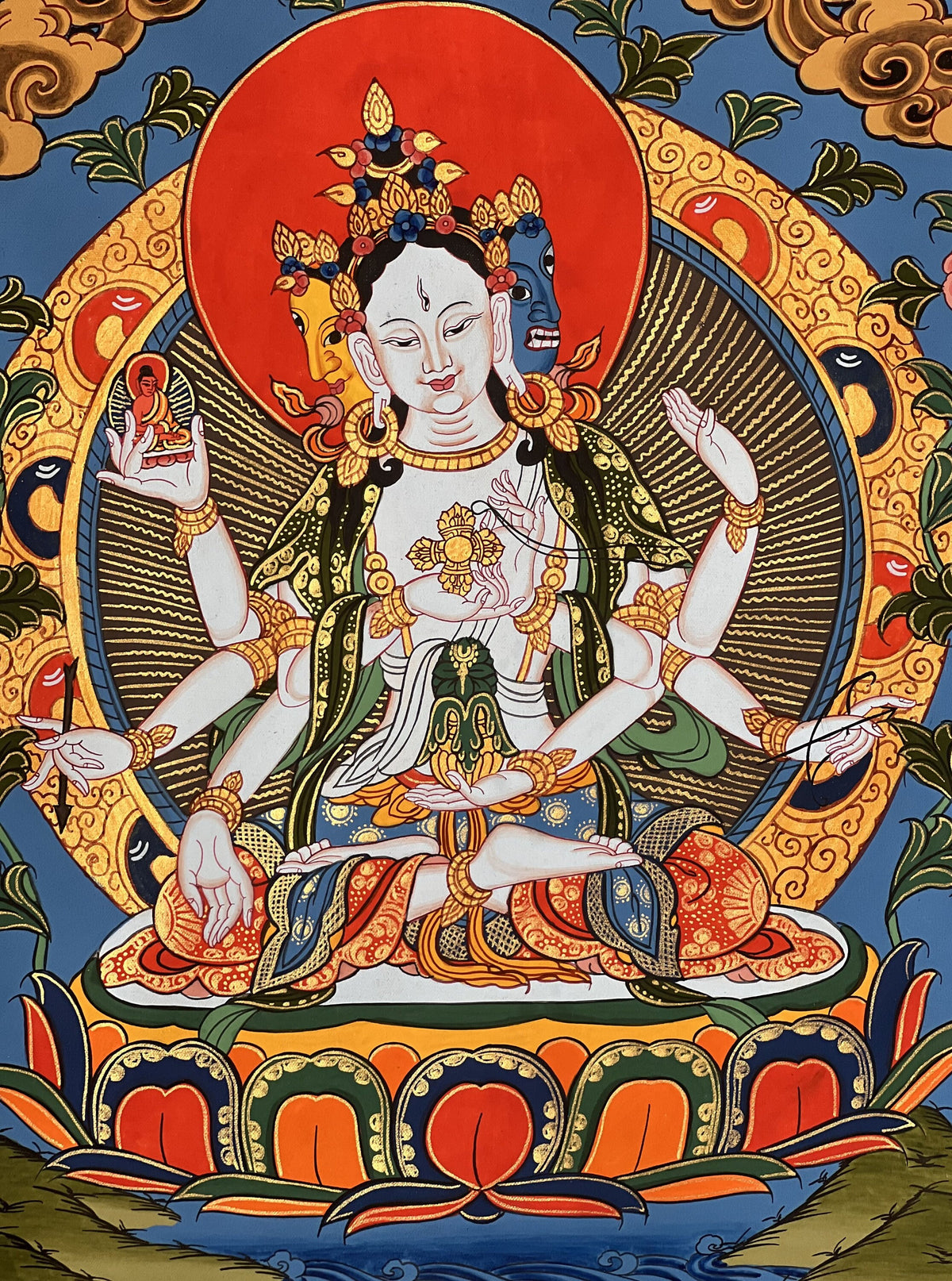 Basundhara Dakini Thangka Painting, Original Tibetan Art with Silk Border