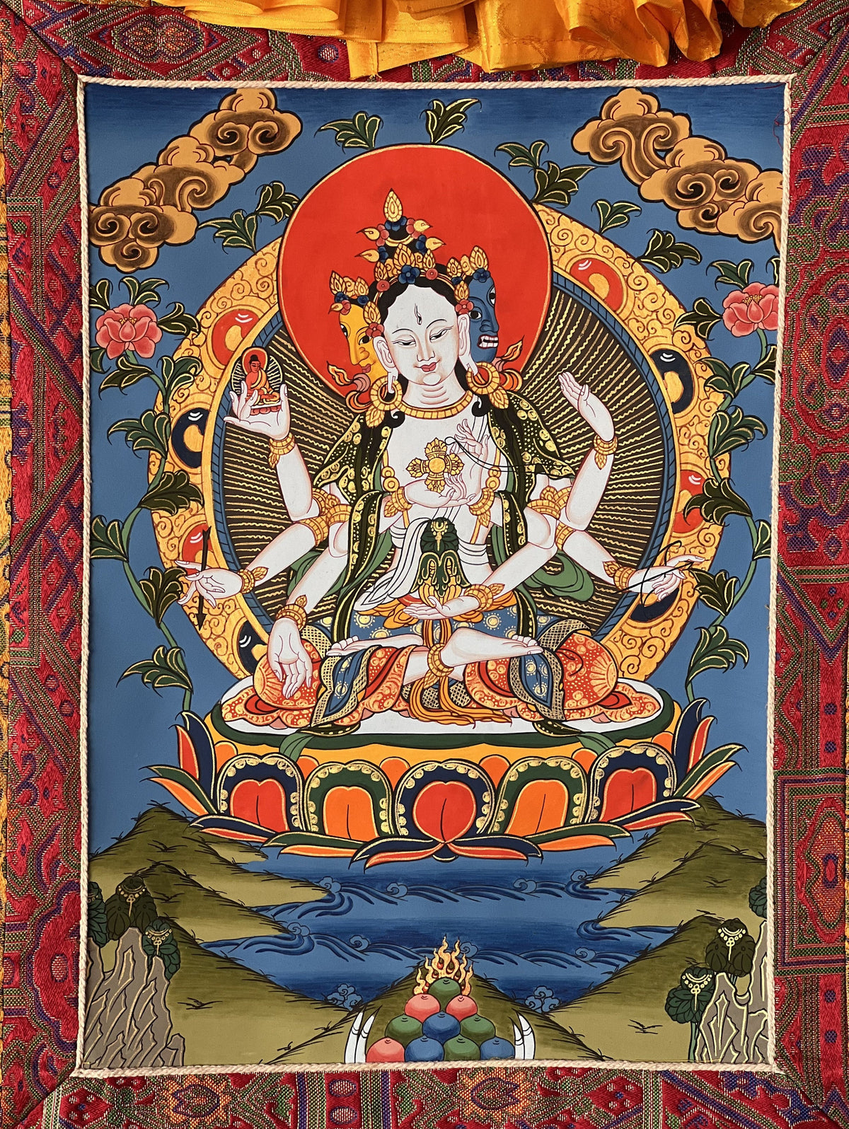 Basundhara Dakini Thangka Painting, Original Tibetan Art with Silk Border