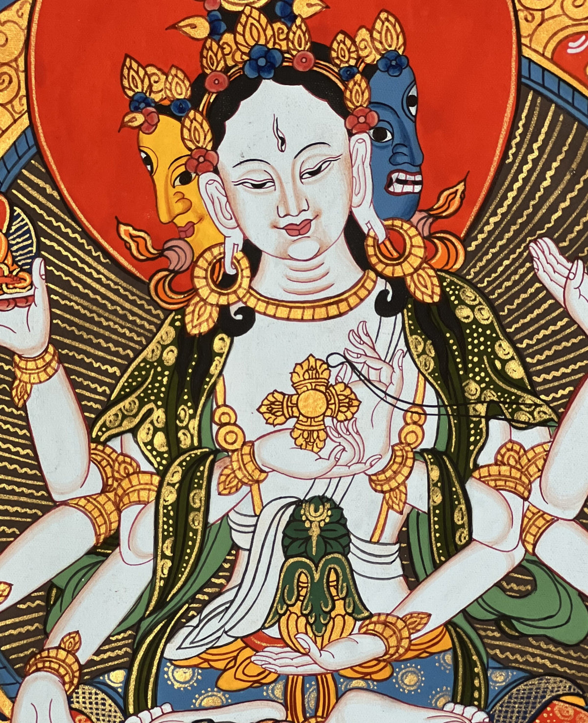 Basundhara Dakini Thangka Painting, Original Tibetan Art with Silk Border