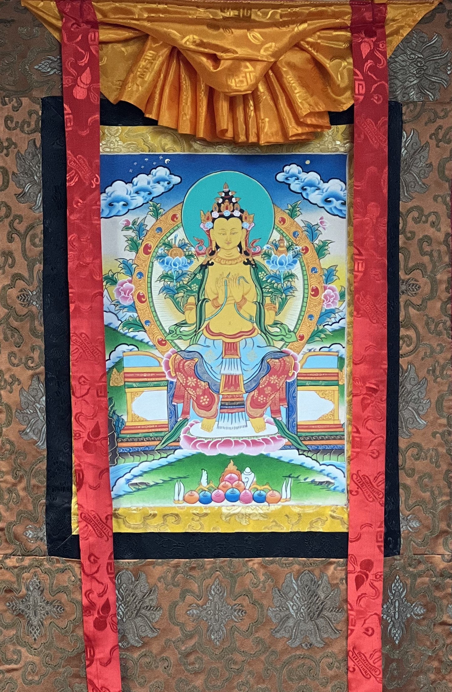 Hand-Painted Maitreya Buddha Thangka Painting with Silk Brocade