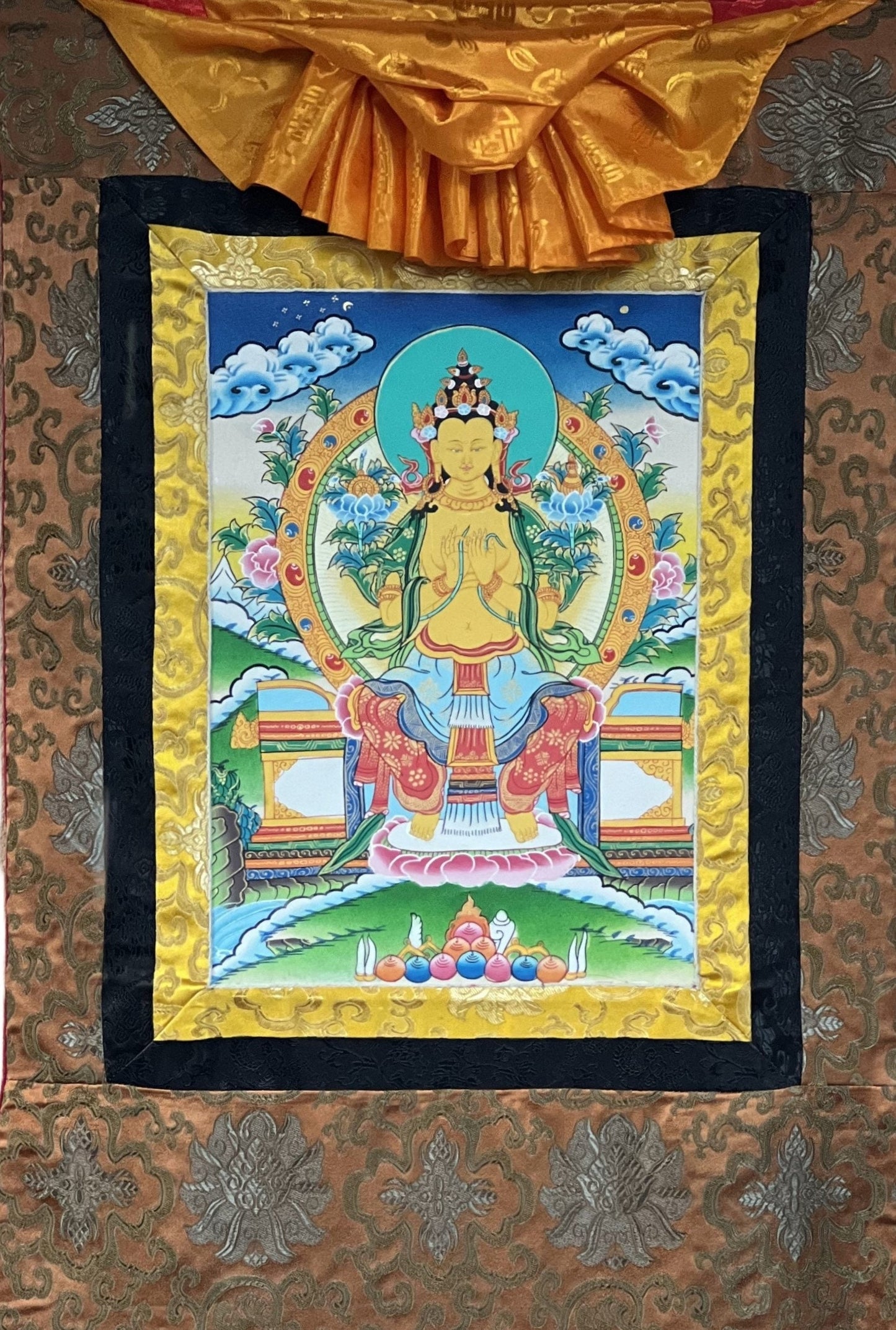 Hand-Painted Maitreya Buddha Thangka Painting with Silk Brocade