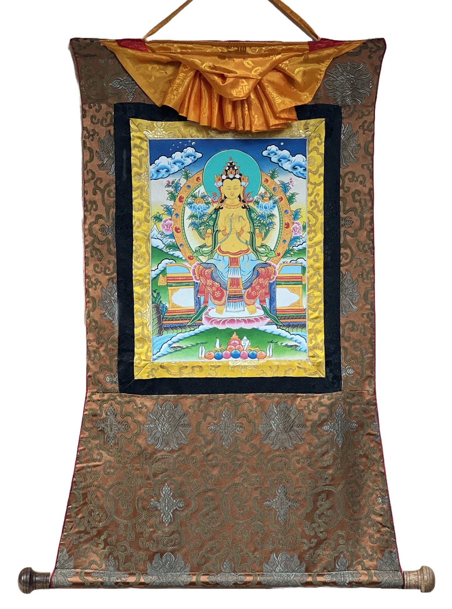 Hand-Painted Maitreya Buddha Thangka Painting with Silk Brocade