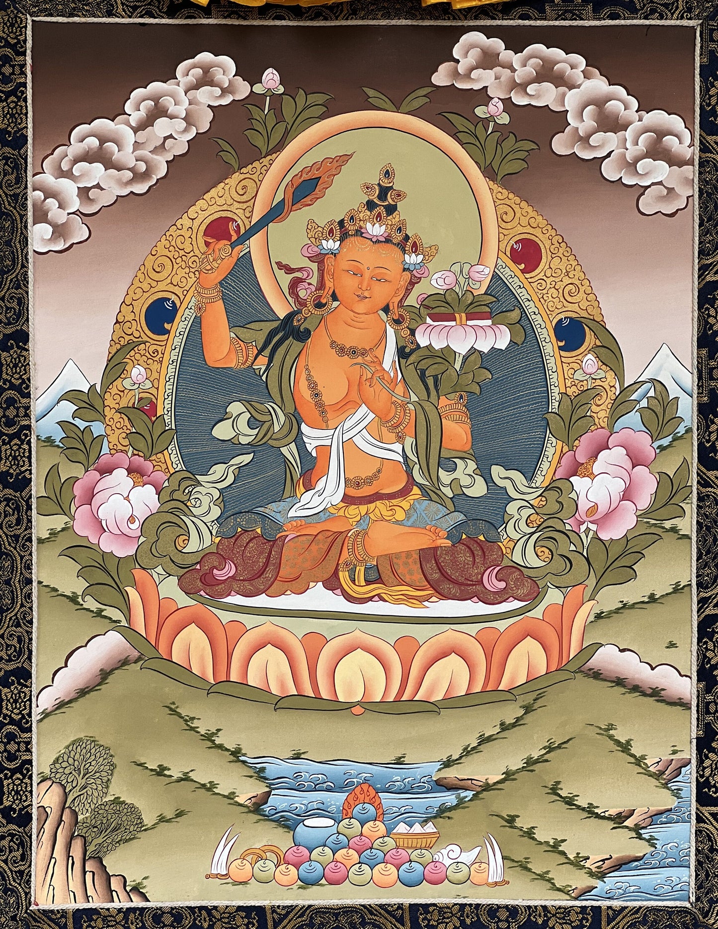 Hand-Painted Manjushri Thangka Painting with Silk Brocade