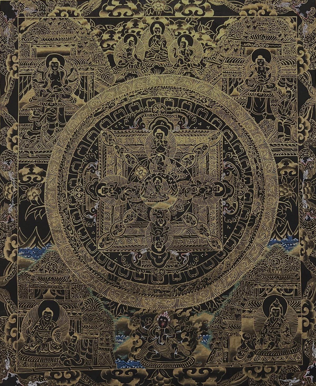 Hand-Painted Buddha Life Mandala Thangka, Black & Gold Tibetan Art